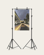 No. 00001 – Blue Hour Villa – poster print mockup on a neutral wall.