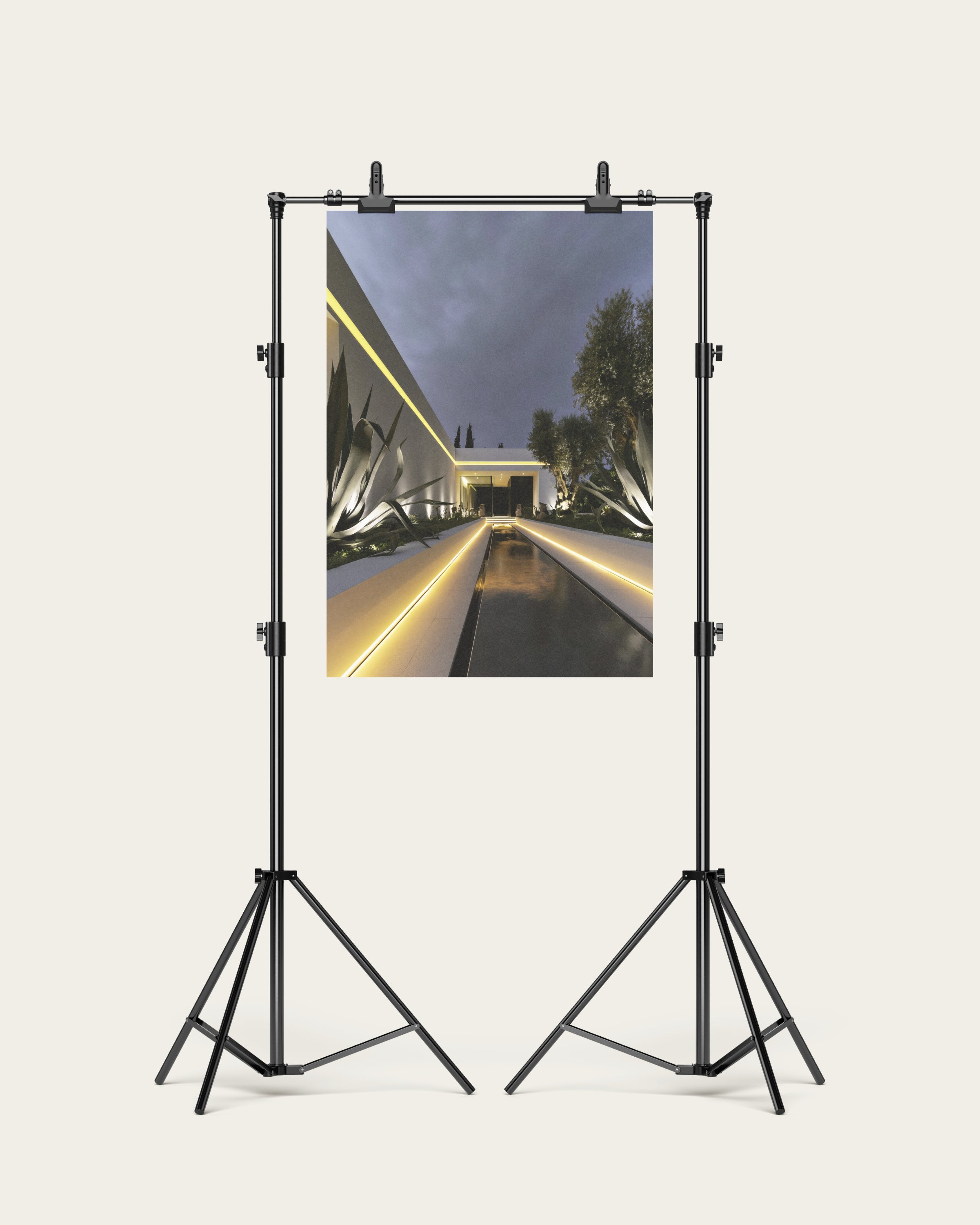 No. 00001 – Blue Hour Villa – poster print mockup on a neutral wall.