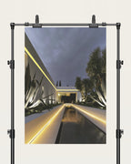 No. 00001 – Blue Hour Villa – poster print mockup on a neutral wall.
