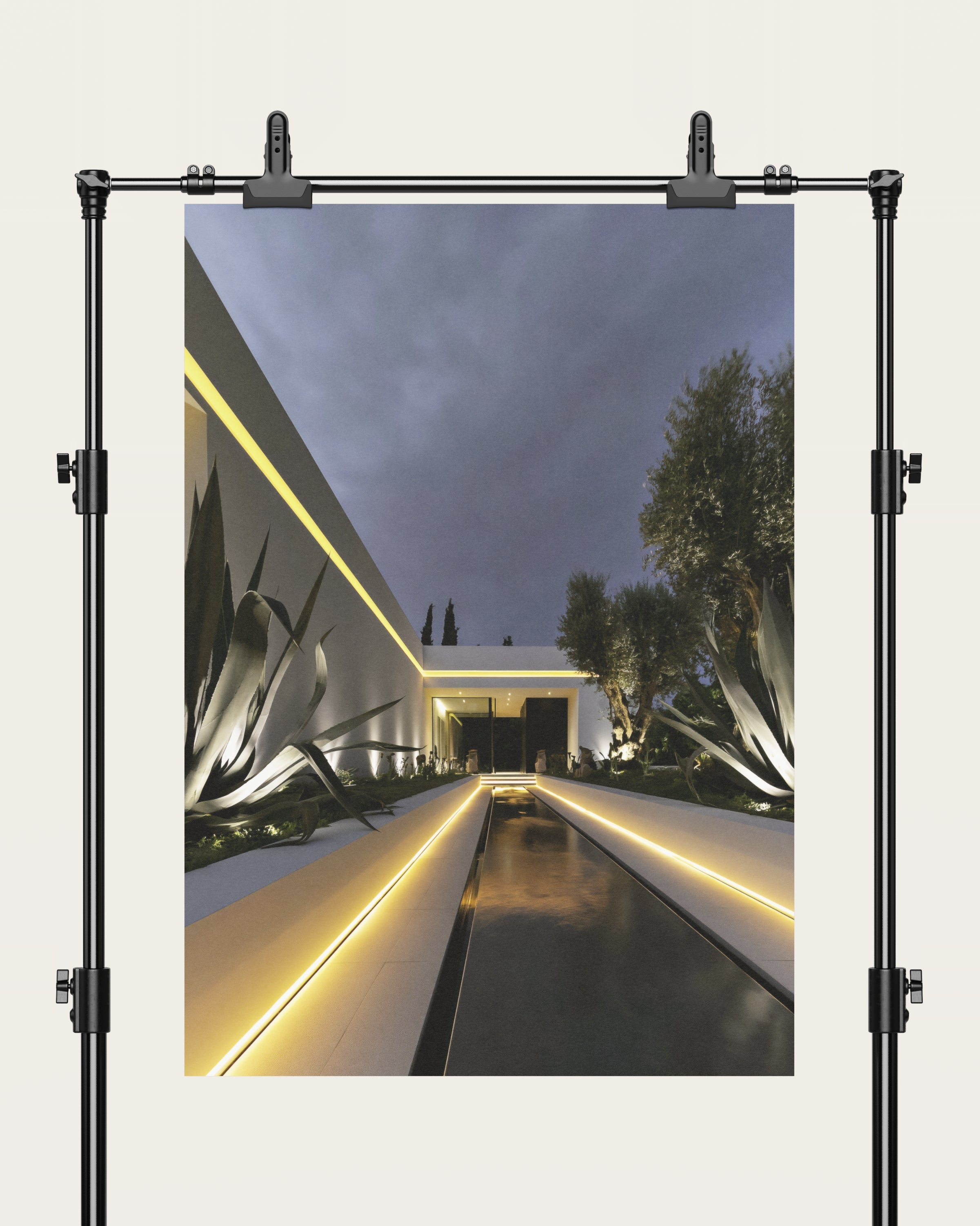 No. 00001 – Blue Hour Villa – poster print mockup on a neutral wall.