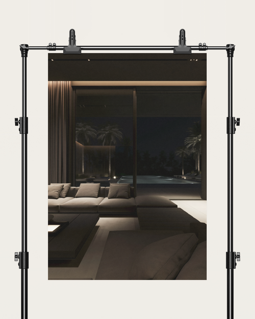 No. 00002 – Midnight Palm Residence – poster print mockup on a neutral wall.