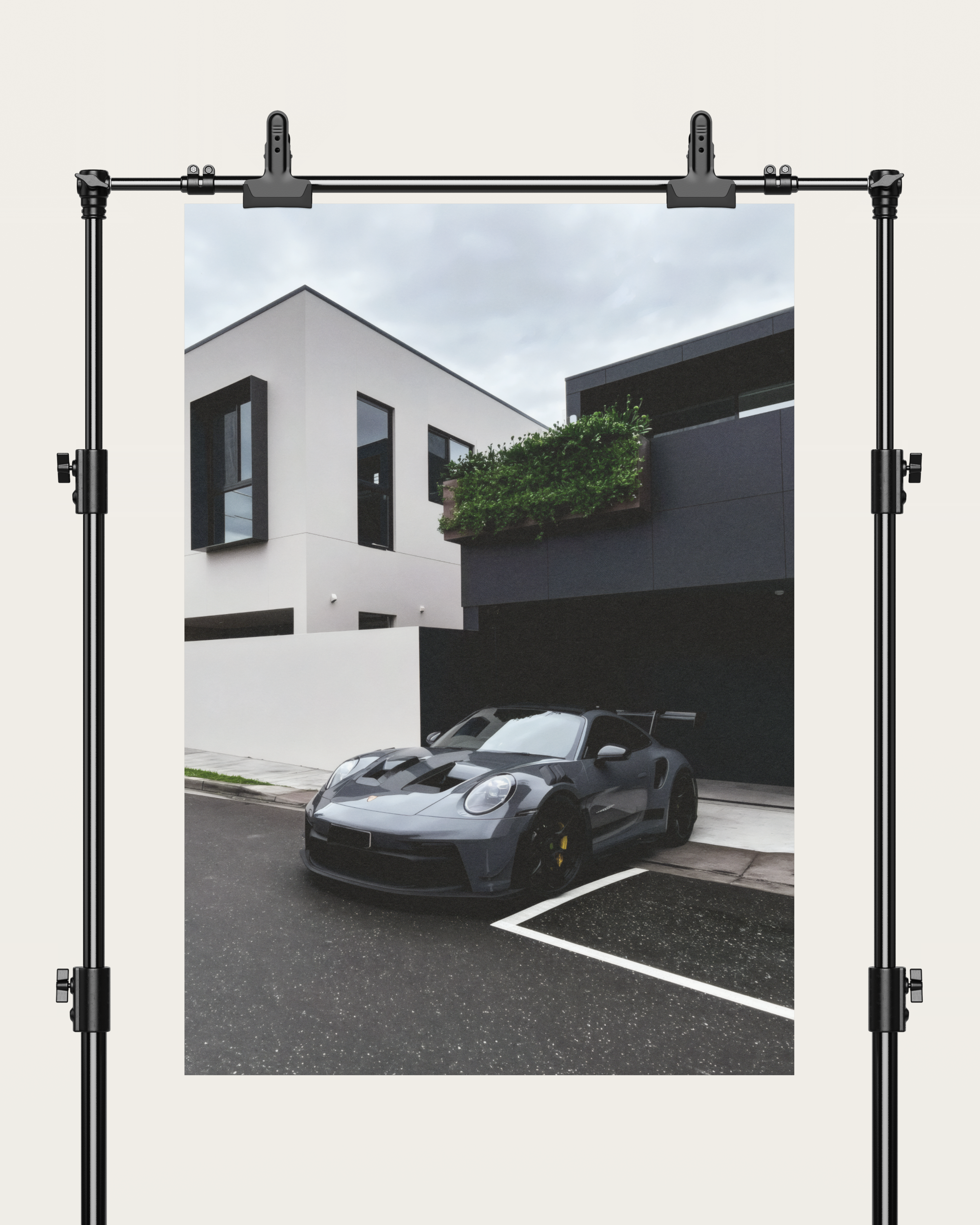 No. 00010 – The Grey Street Coupe – poster print mockup on a neutral wall.