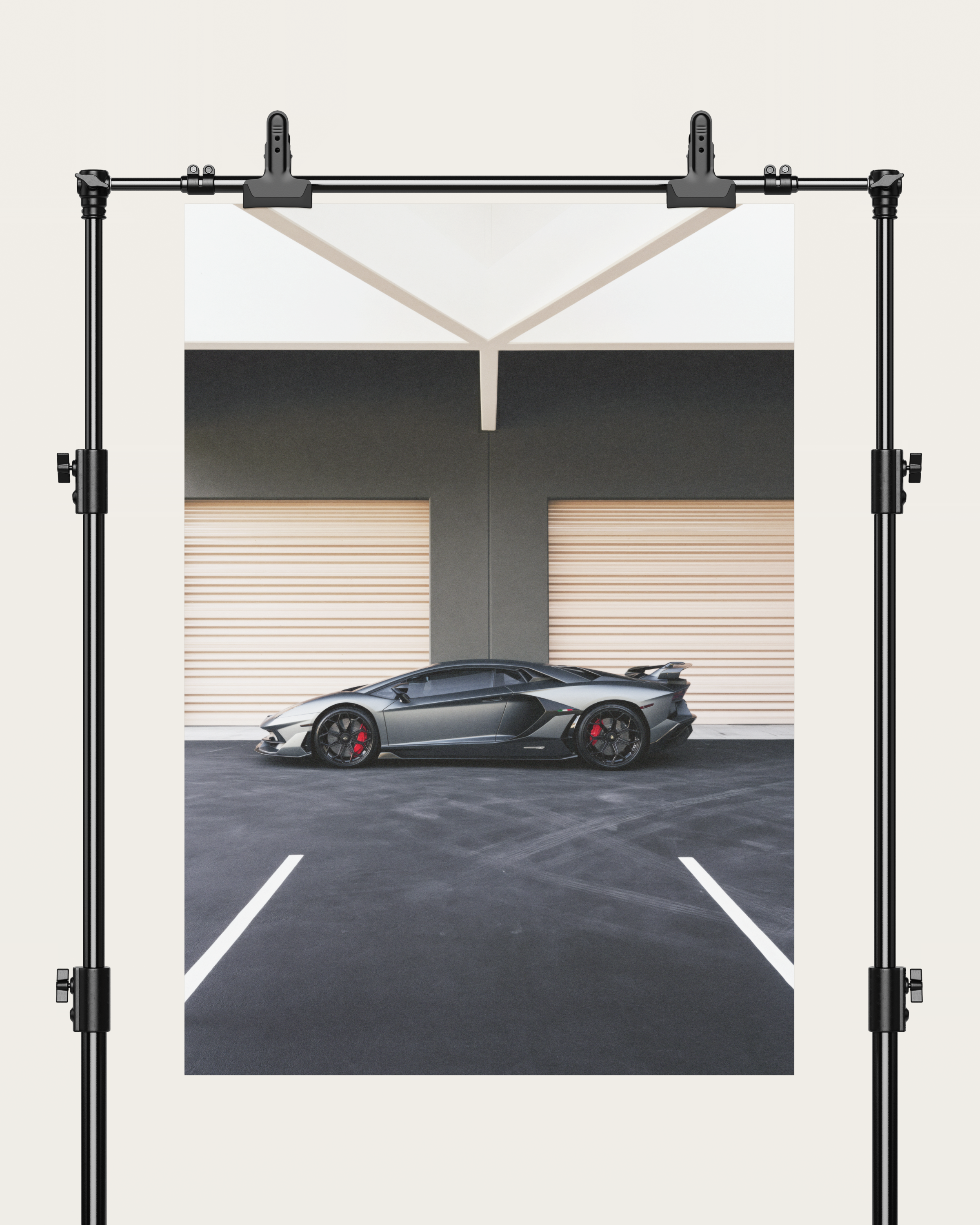 No. 00015 – The Grey Hangar – poster print mockup on a neutral wall.