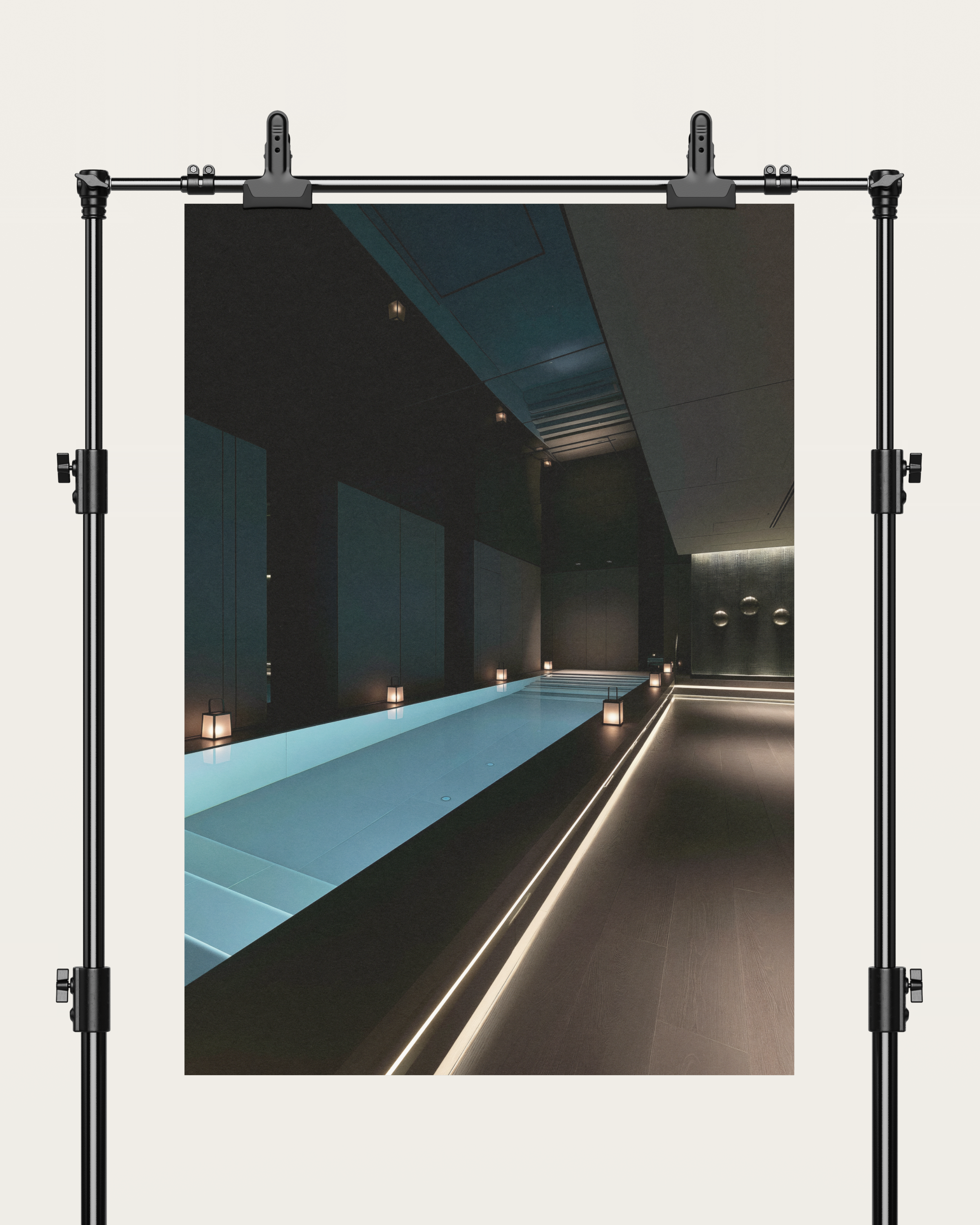 No. 00004 – The Obsidian Lap Pool – poster print mockup on a neutral wall.