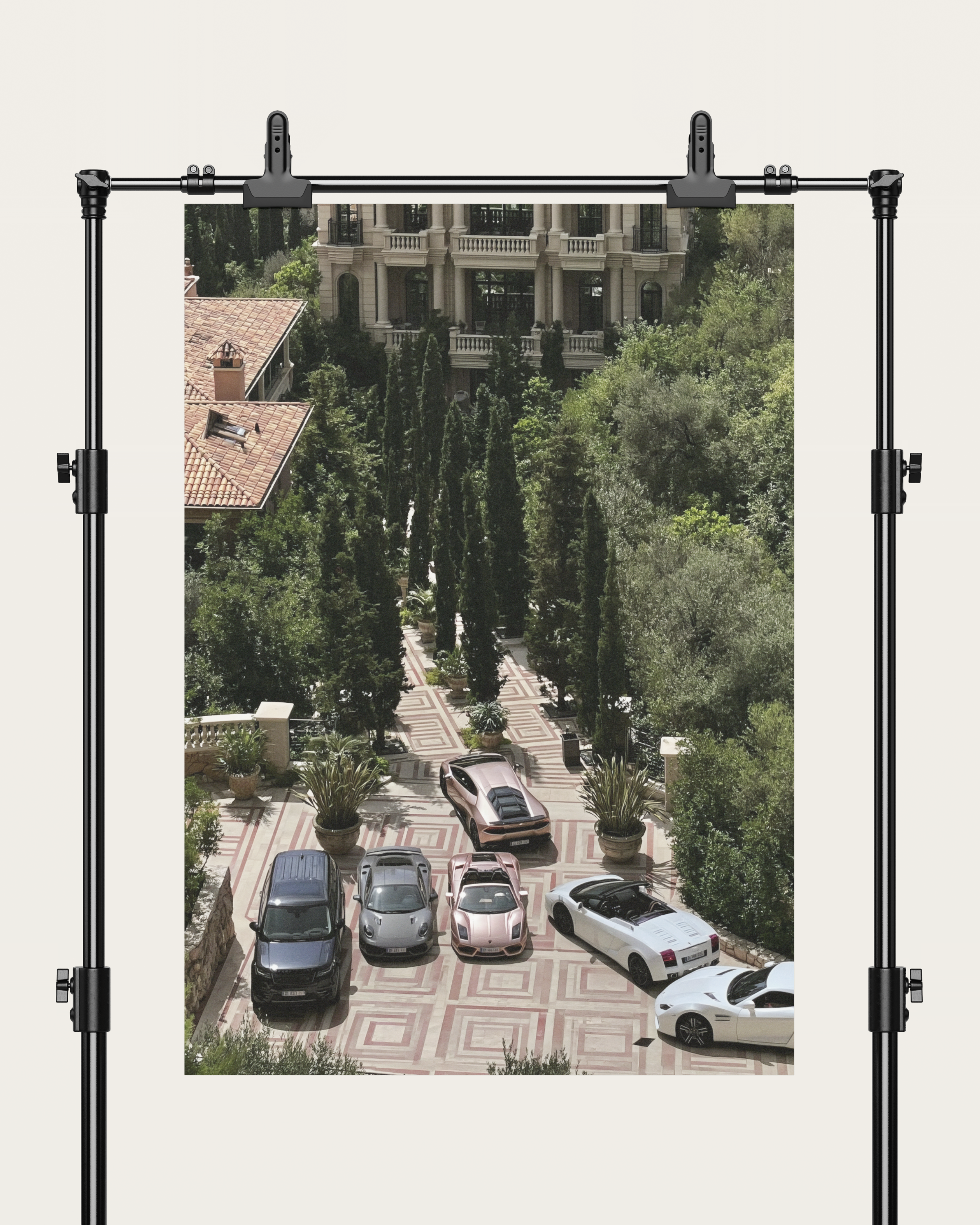 No. 00008 – The Riviera Driveway – poster print mockup on a neutral wall.