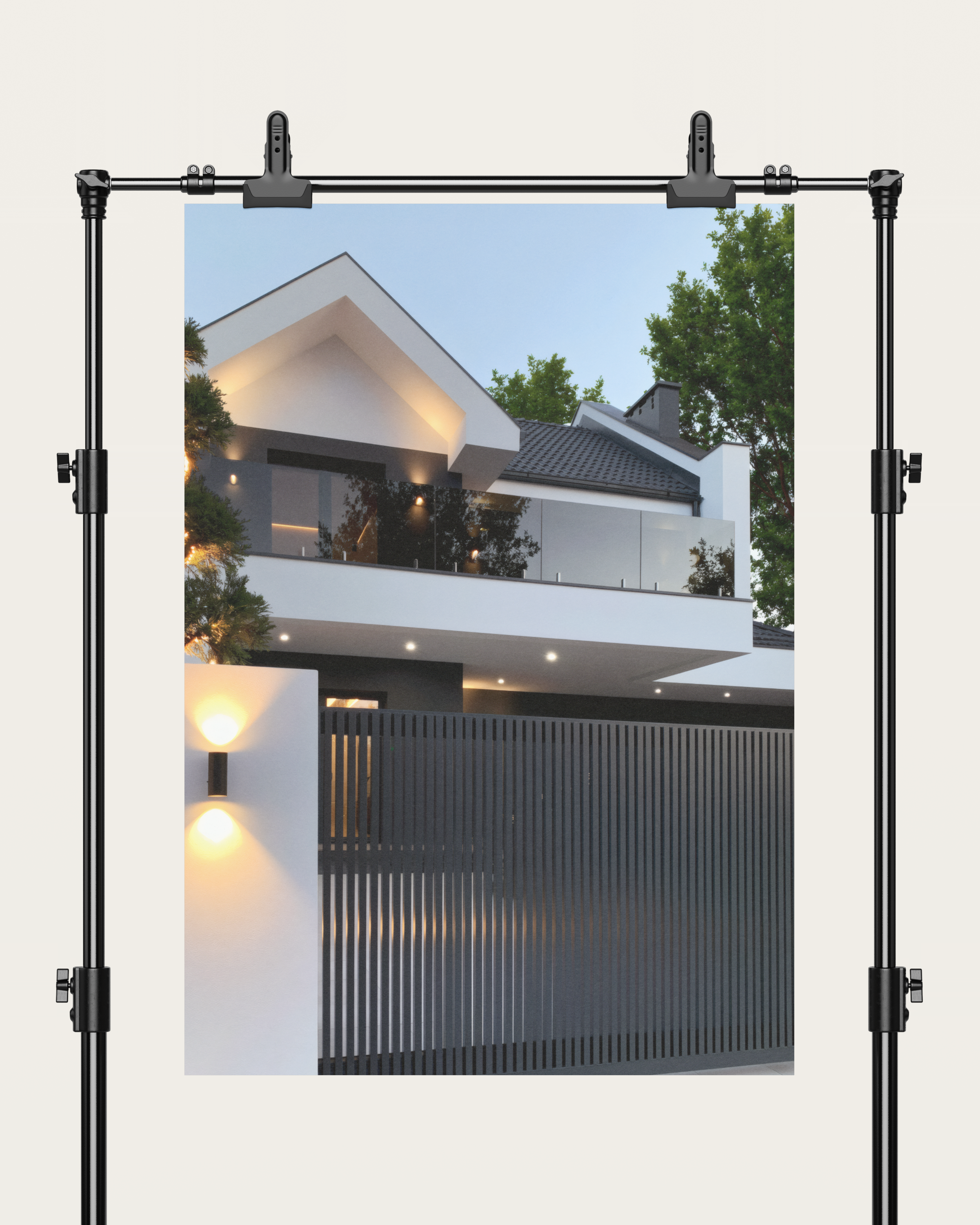 No. 00011 – The Slatted Gate Residence – poster print mockup on a neutral wall.