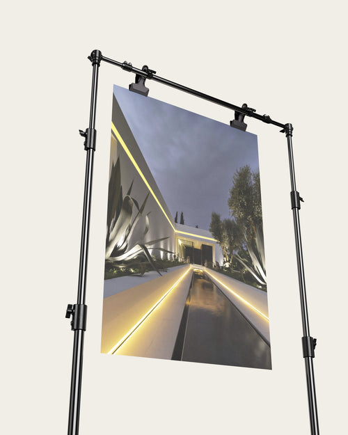 No. 00001 – Blue Hour Villa – poster print mockup on a neutral wall.