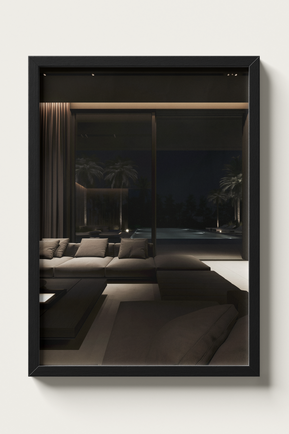 No. 00002 – Midnight Palm Residence – framed print mockup in a calm modern interior.
