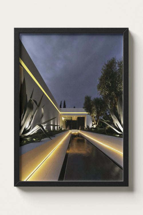 No. 00001 – Blue Hour Villa – framed print mockup in a calm modern interior.