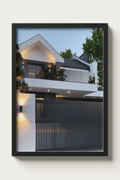 No. 00011 – The Slatted Gate Residence – framed print mockup in a calm modern interior.