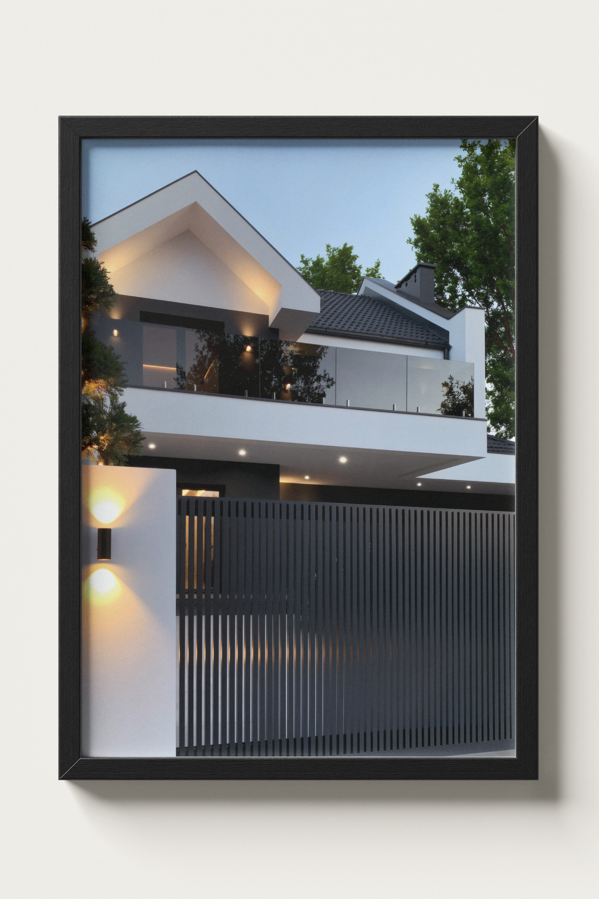 No. 00011 – The Slatted Gate Residence – framed print mockup in a calm modern interior.
