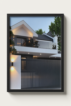 No. 00011 – The Slatted Gate Residence – framed print mockup in a calm modern interior.