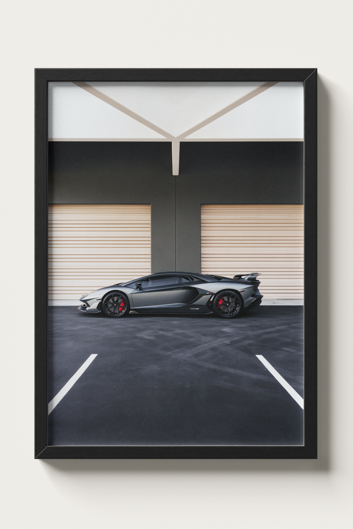 No. 00015 – The Grey Hangar – framed print mockup in a calm modern interior.