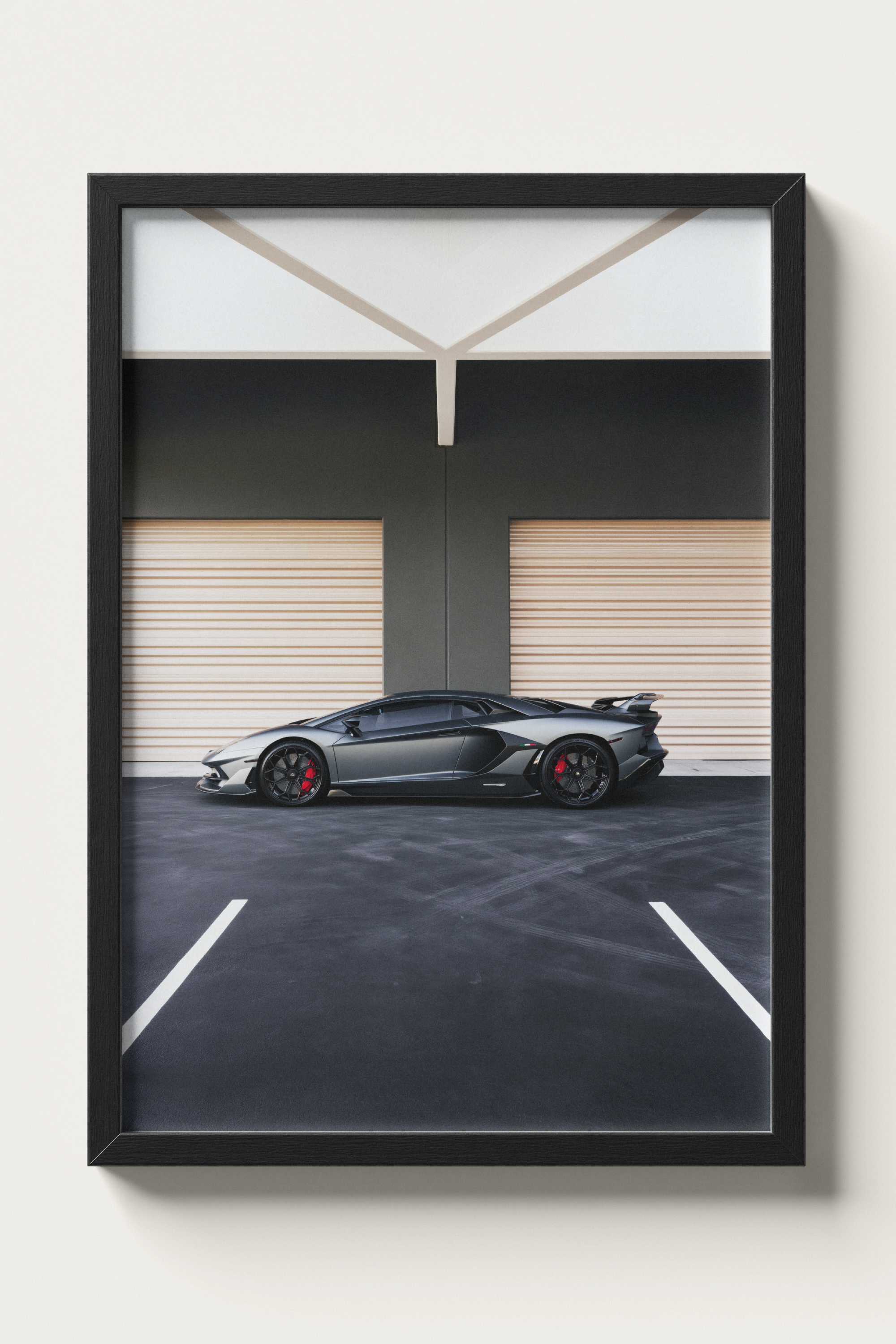 No. 00015 – The Grey Hangar – framed print mockup in a calm modern interior.