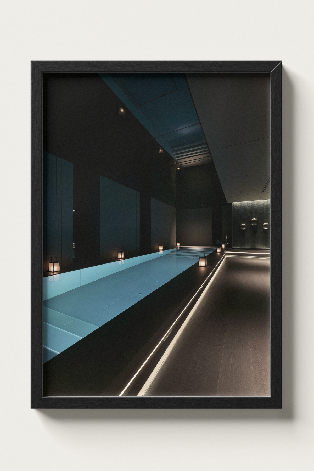 No. 00004 – The Obsidian Lap Pool – framed print mockup in a calm modern interior.