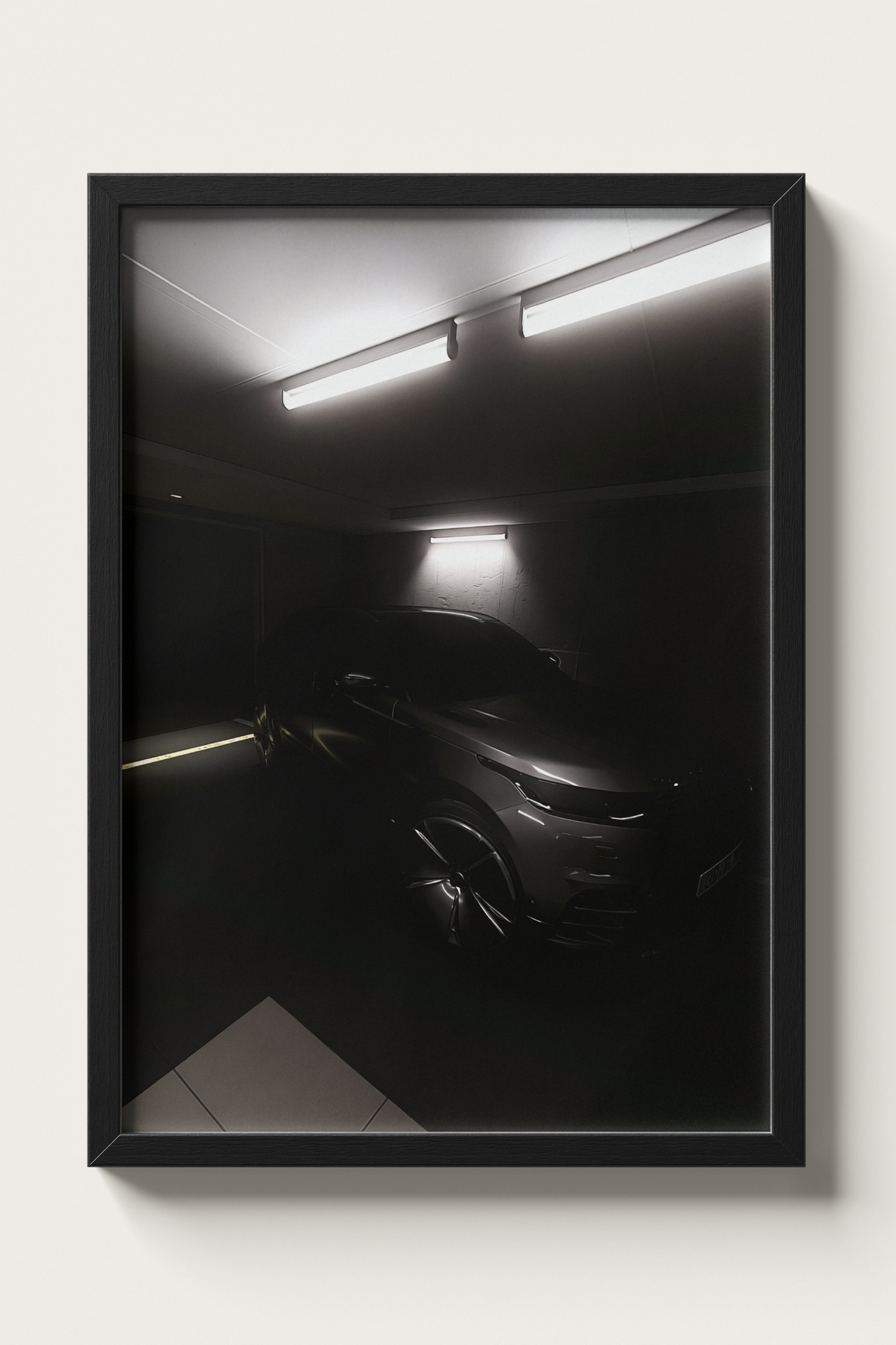 No. 00005 – Private Reserve Garage – framed print mockup in a calm modern interior.
