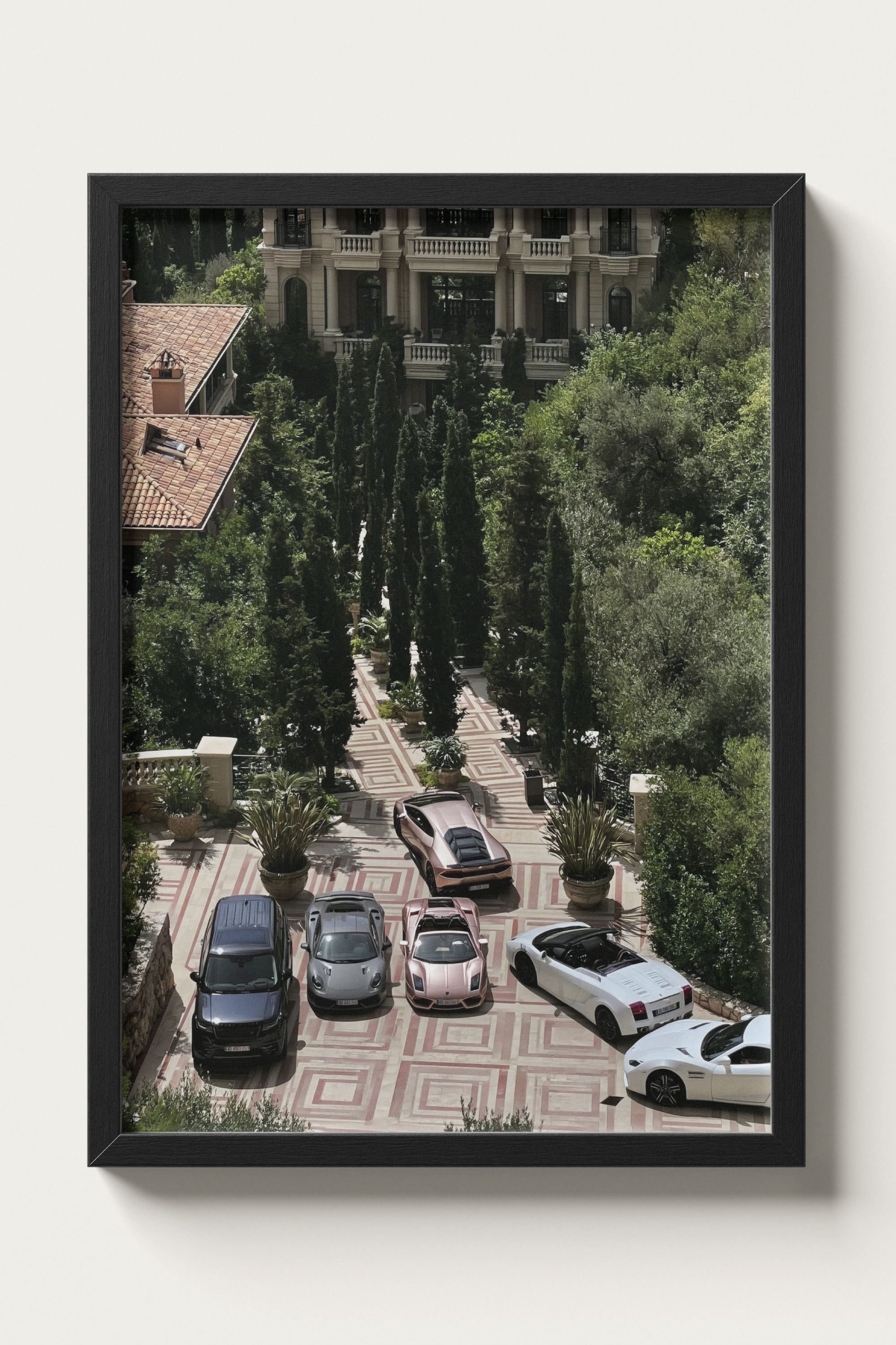 No. 00008 – The Riviera Driveway – framed print mockup in a calm modern interior.