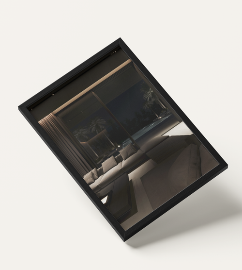 No. 00002 – Midnight Palm Residence – framed print mockup in a calm modern interior.