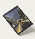 No. 00001 – Blue Hour Villa – framed print mockup in a calm modern interior.