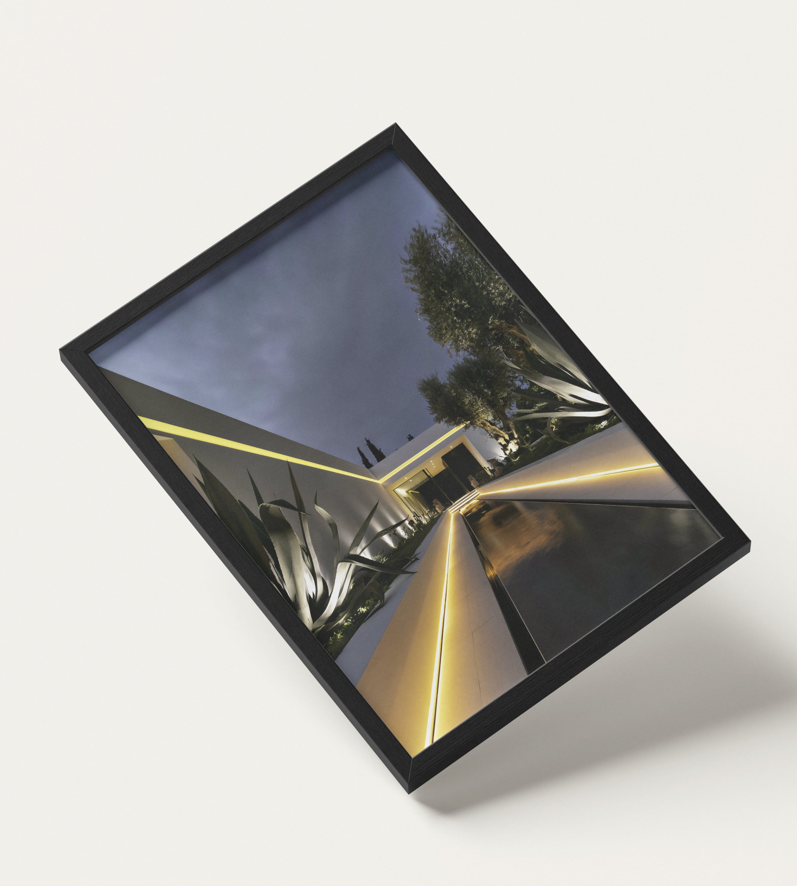 No. 00001 – Blue Hour Villa – framed print mockup in a calm modern interior.