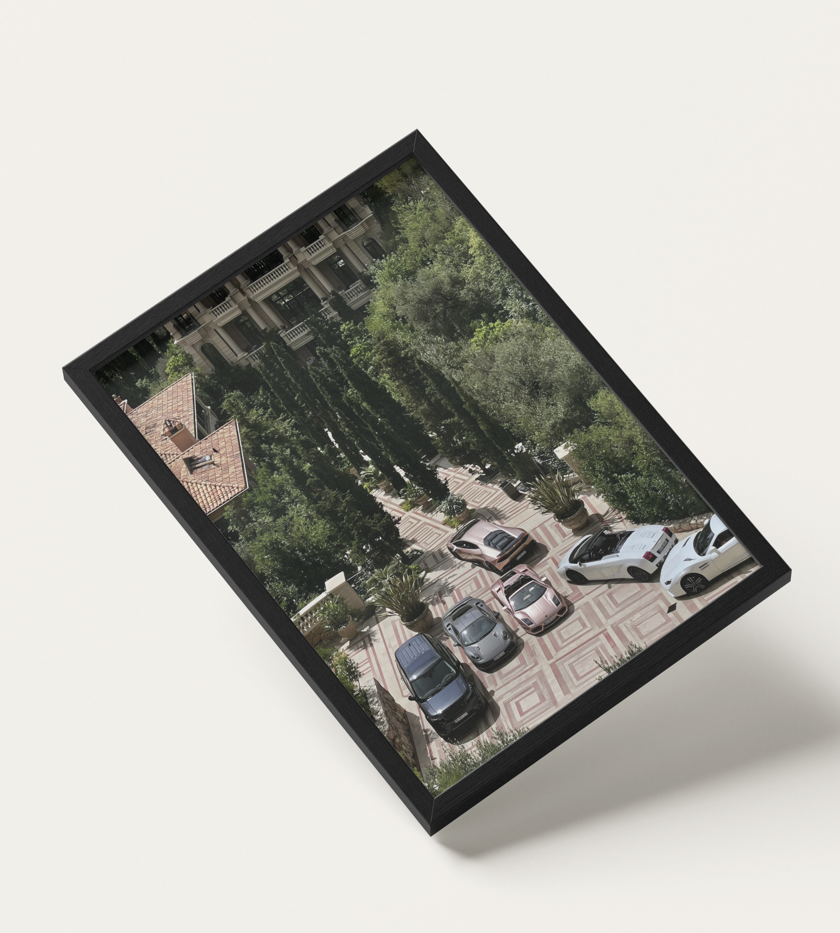 No. 00008 – The Riviera Driveway – framed print mockup in a calm modern interior.