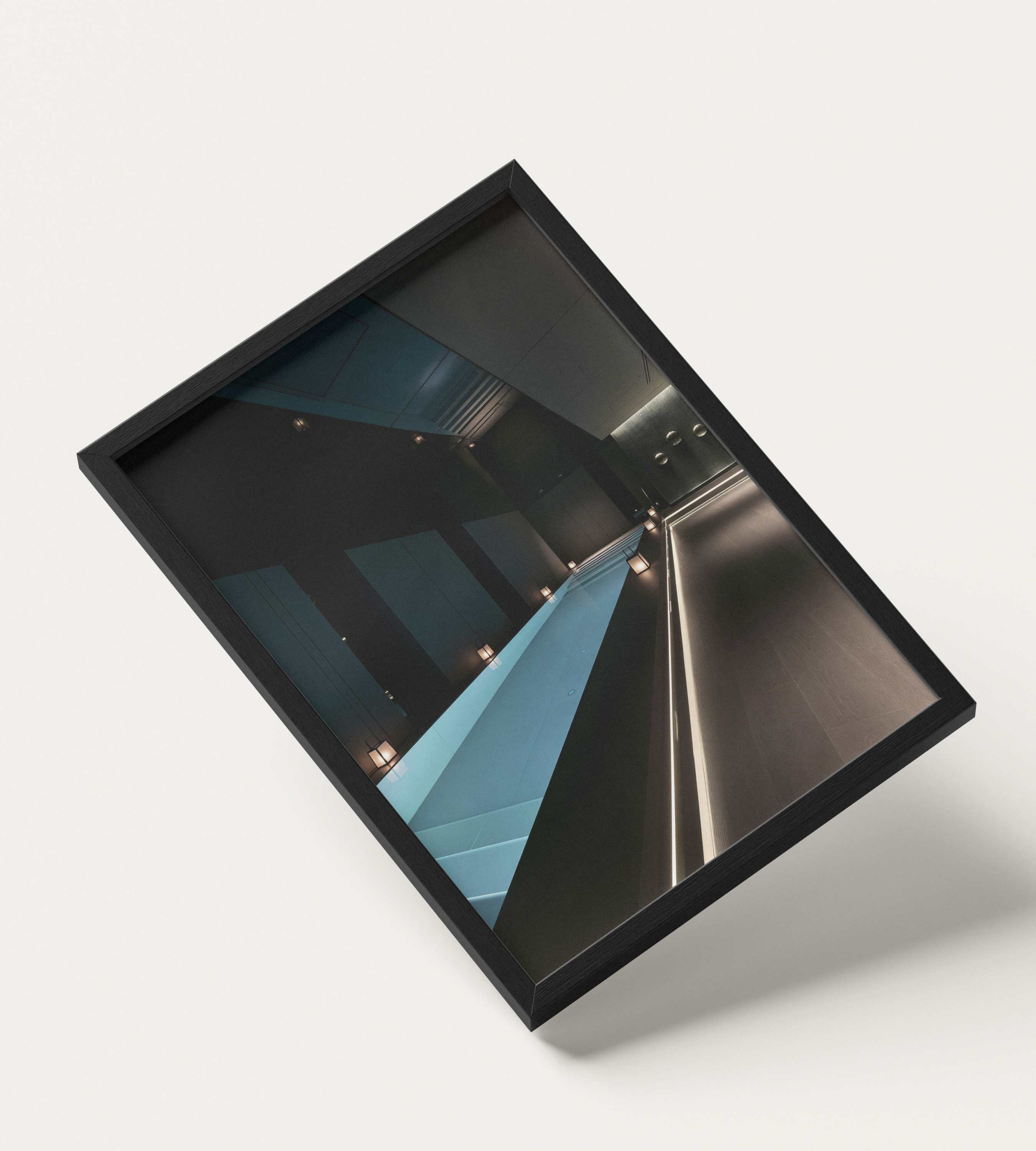 No. 00004 – The Obsidian Lap Pool – framed print mockup in a calm modern interior.