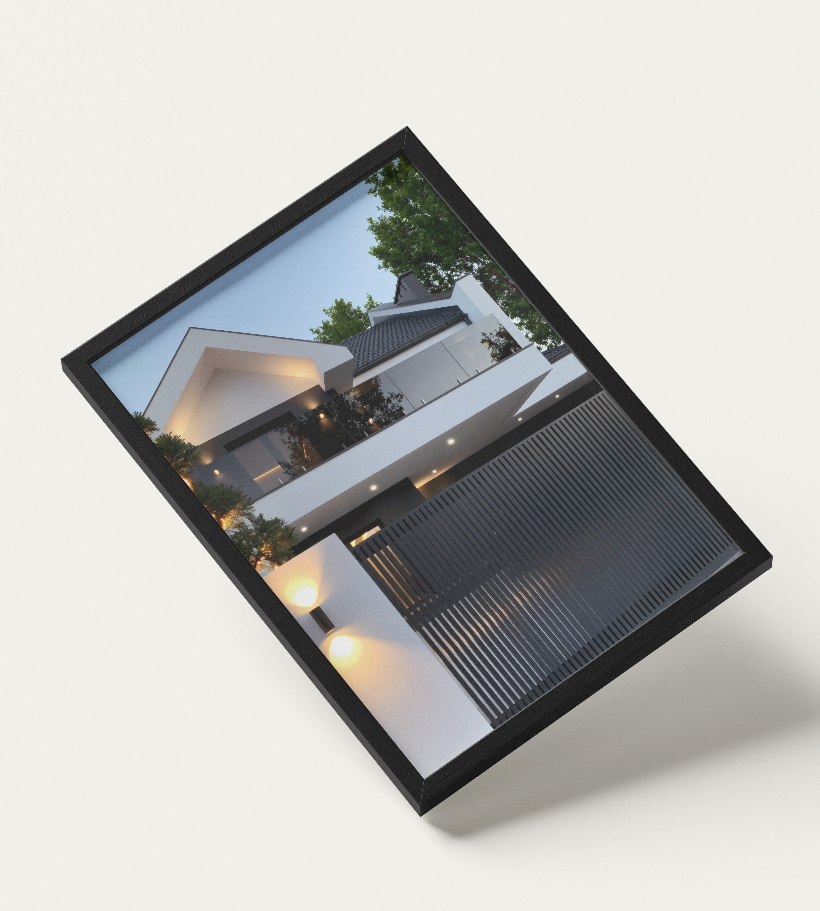 No. 00011 – The Slatted Gate Residence – framed print mockup in a calm modern interior.