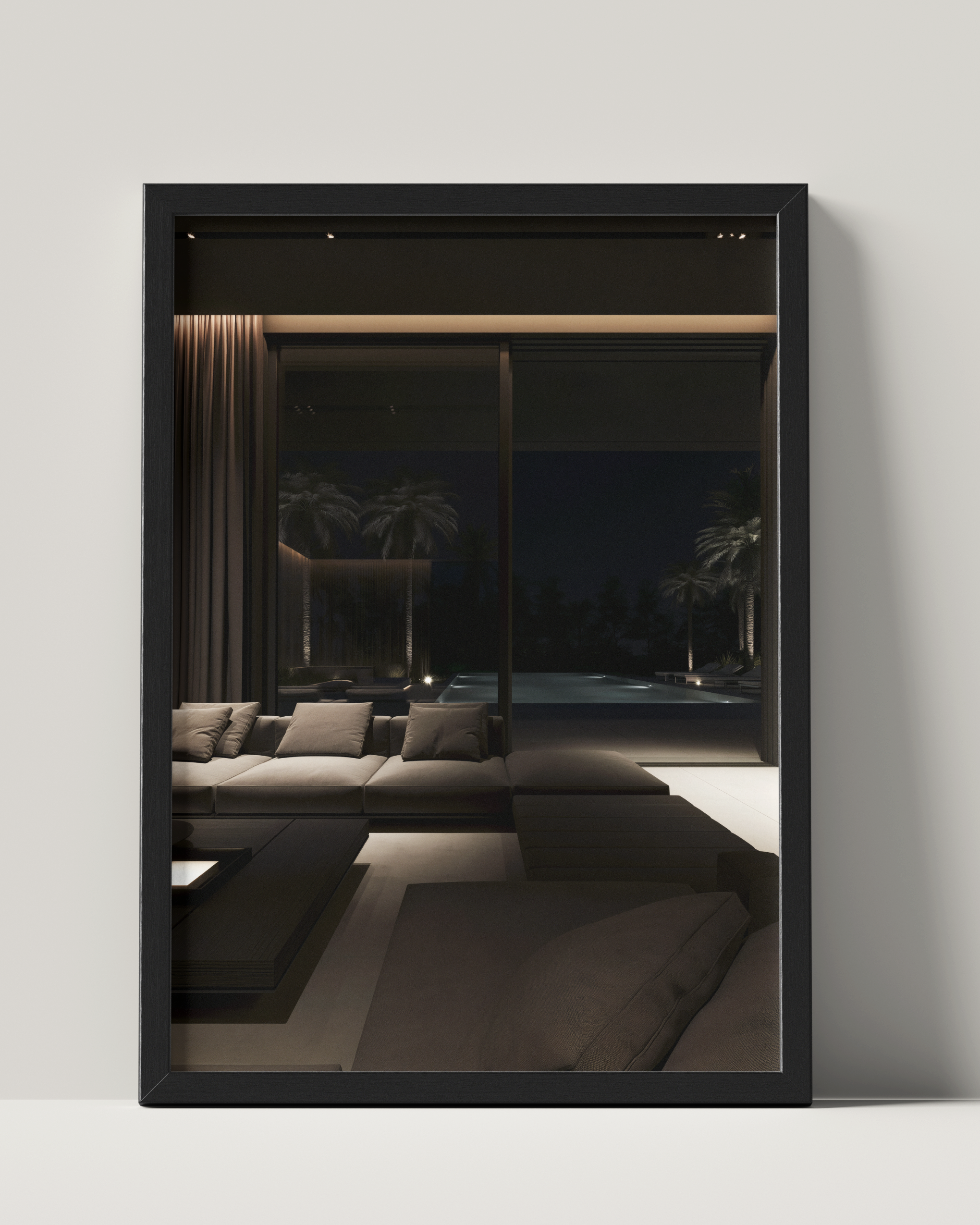 No. 00002 – Midnight Palm Residence – framed print mockup in a calm modern interior.