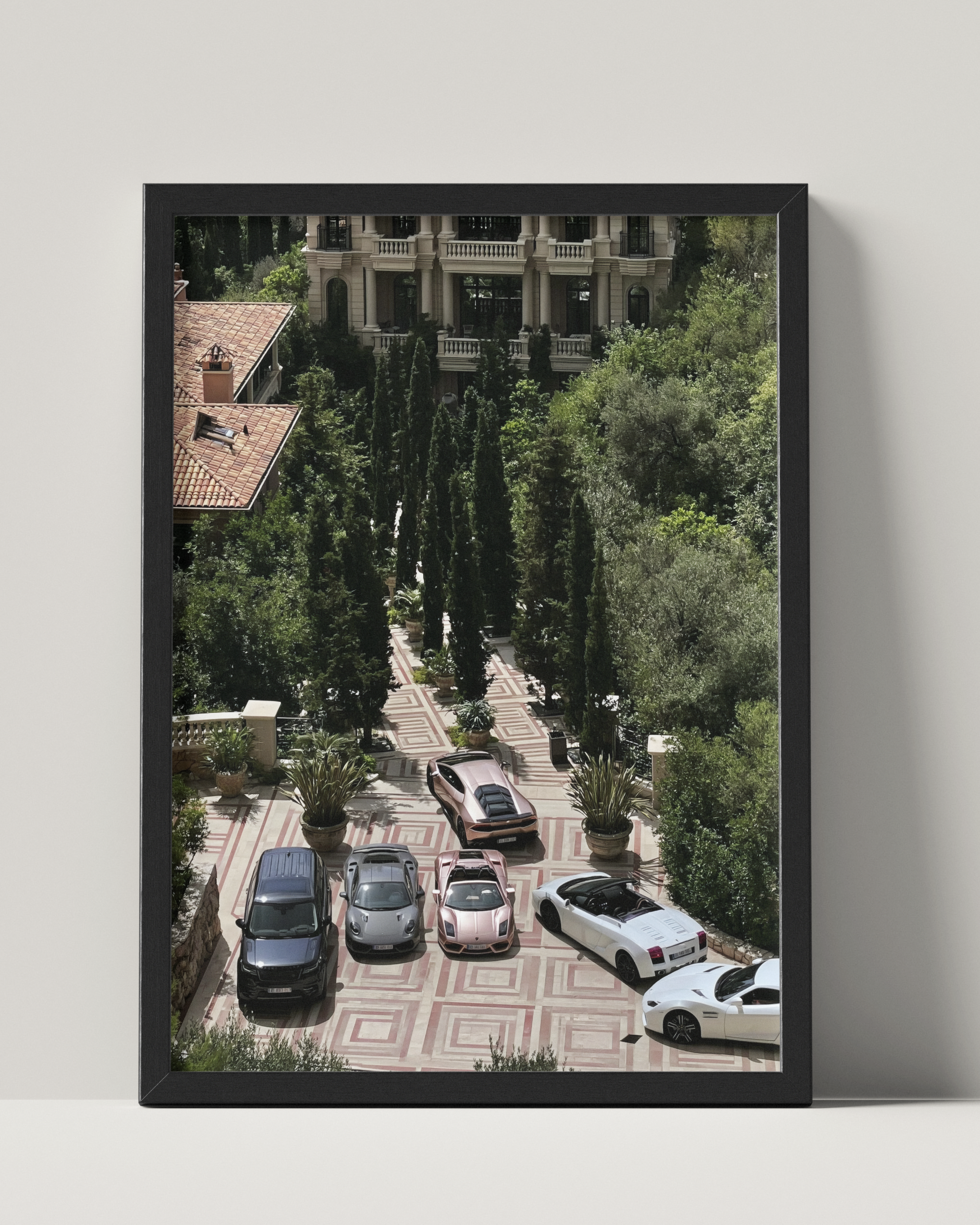 No. 00008 – The Riviera Driveway – framed print mockup in a calm modern interior.