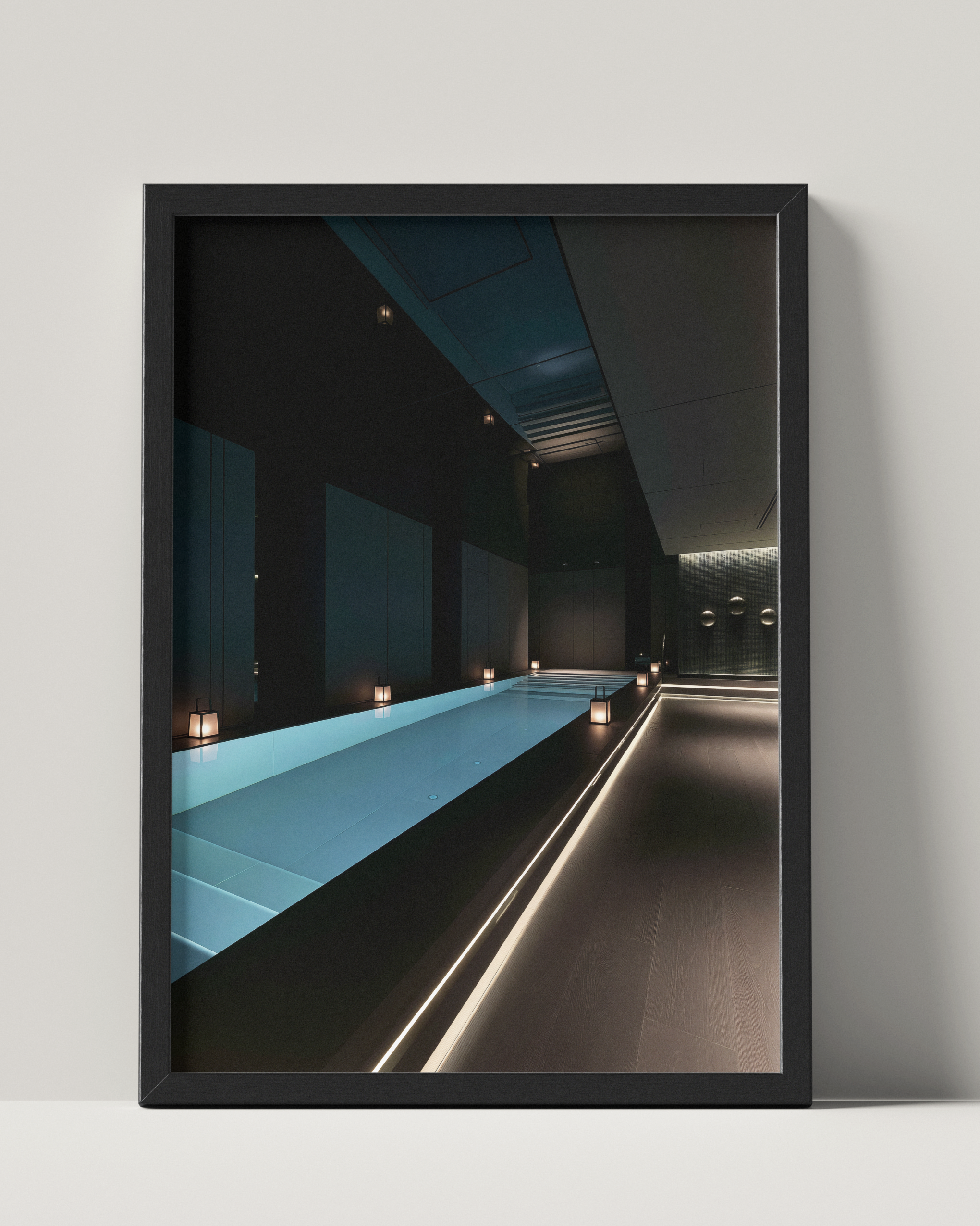 No. 00004 – The Obsidian Lap Pool – framed print mockup in a calm modern interior.