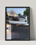 No. 00011 – The Slatted Gate Residence – framed print mockup in a calm modern interior.