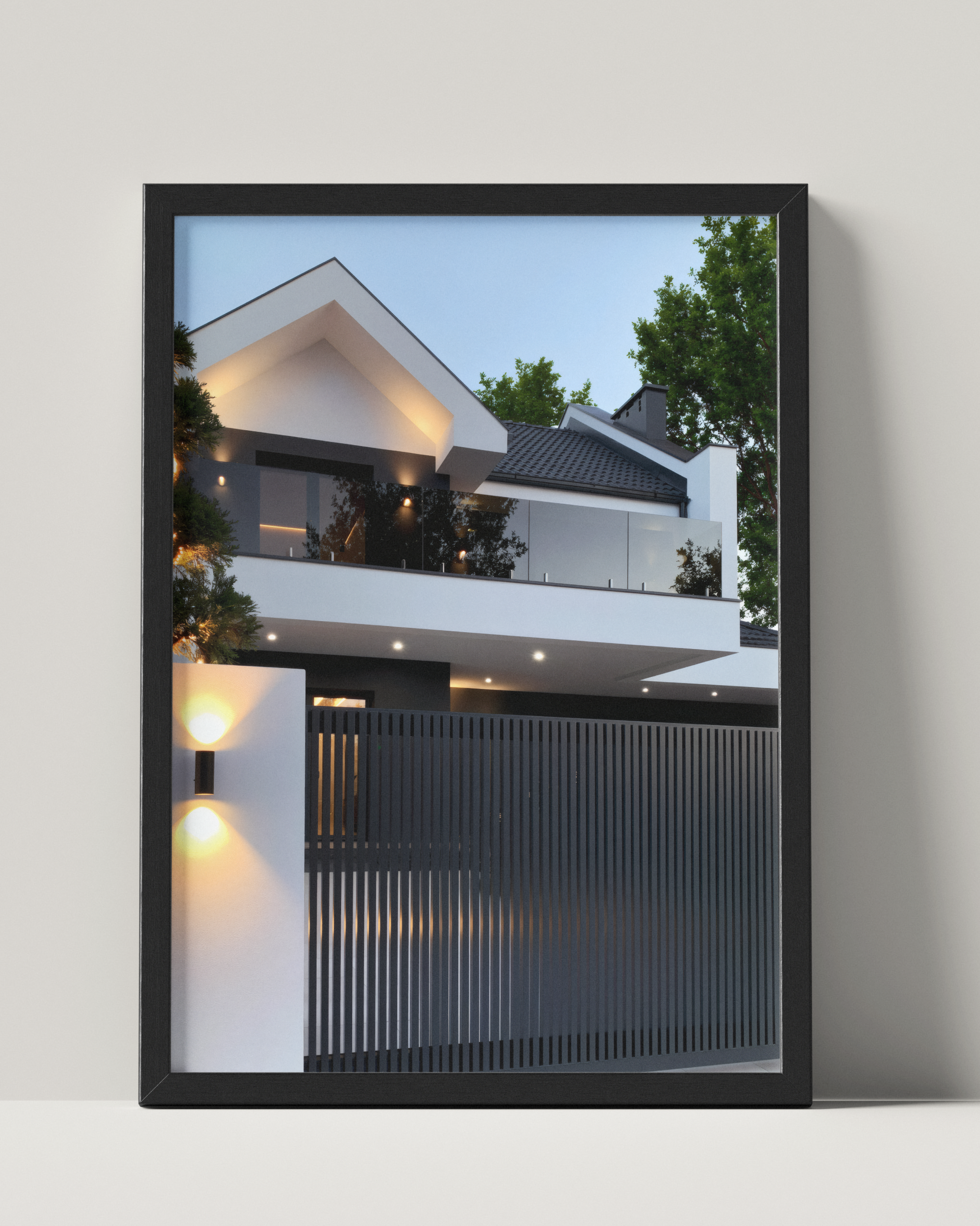 No. 00011 – The Slatted Gate Residence – framed print mockup in a calm modern interior.
