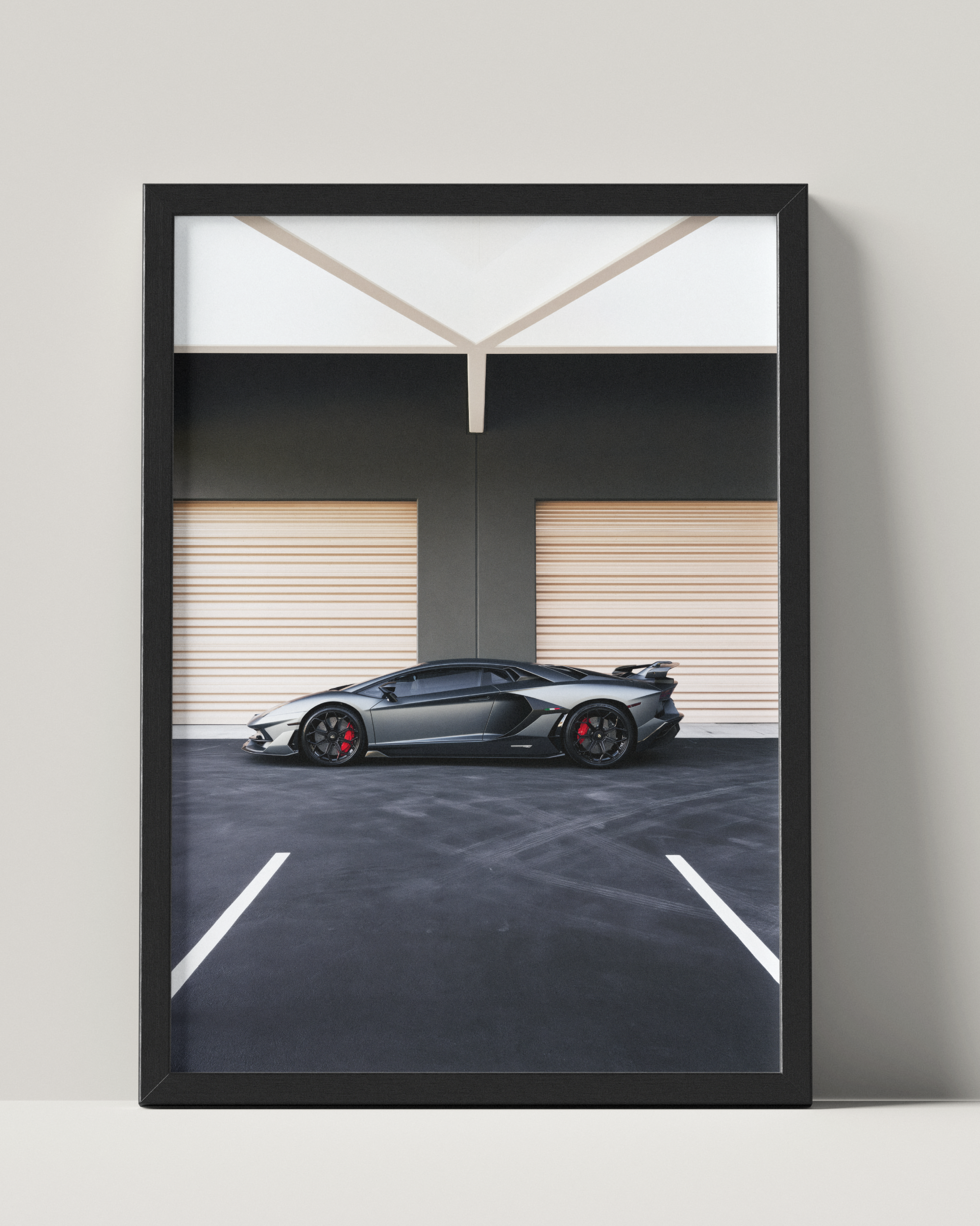 No. 00015 – The Grey Hangar – framed print mockup in a calm modern interior.