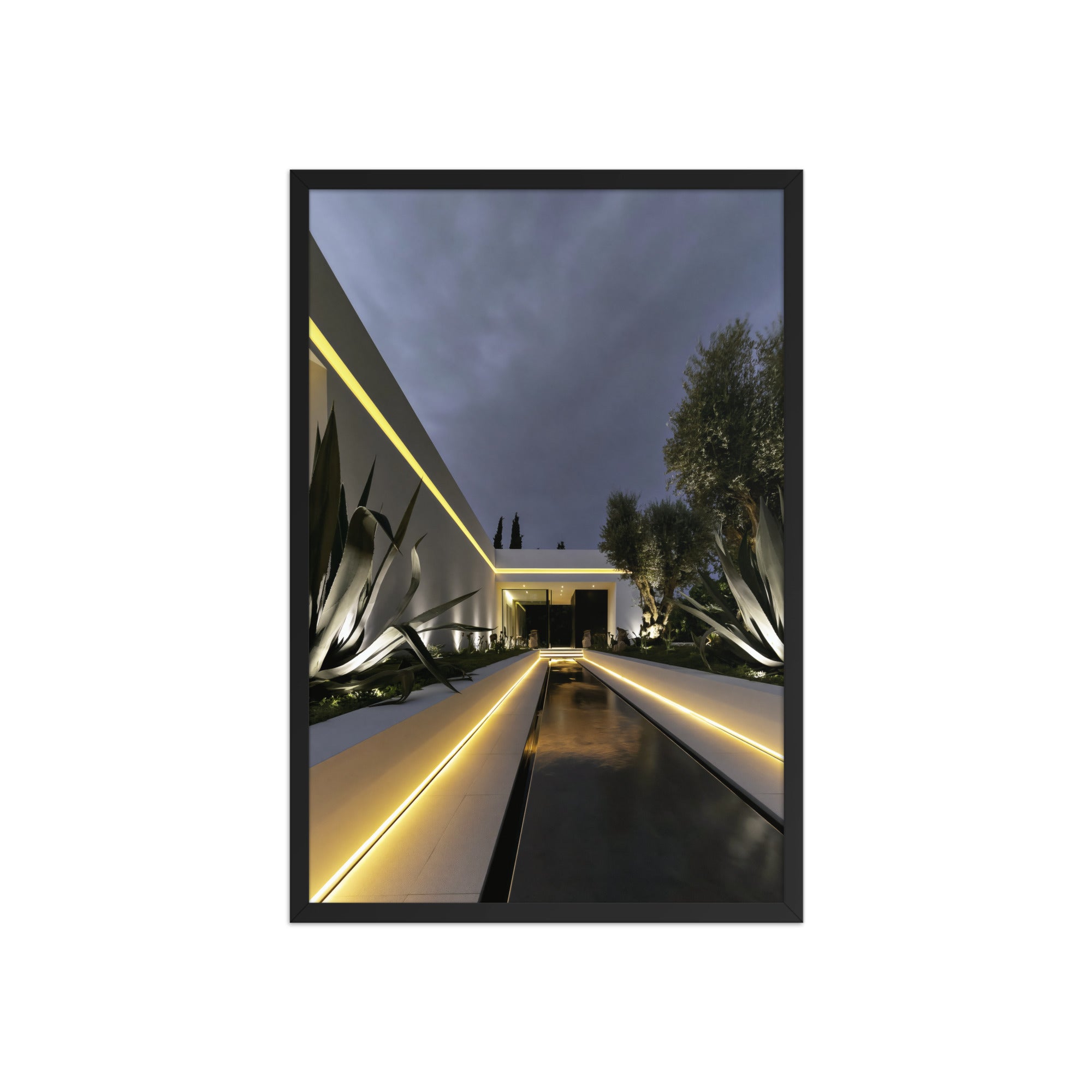 No. 00001 – Blue Hour Villa – framed print mockup in a calm modern interior.