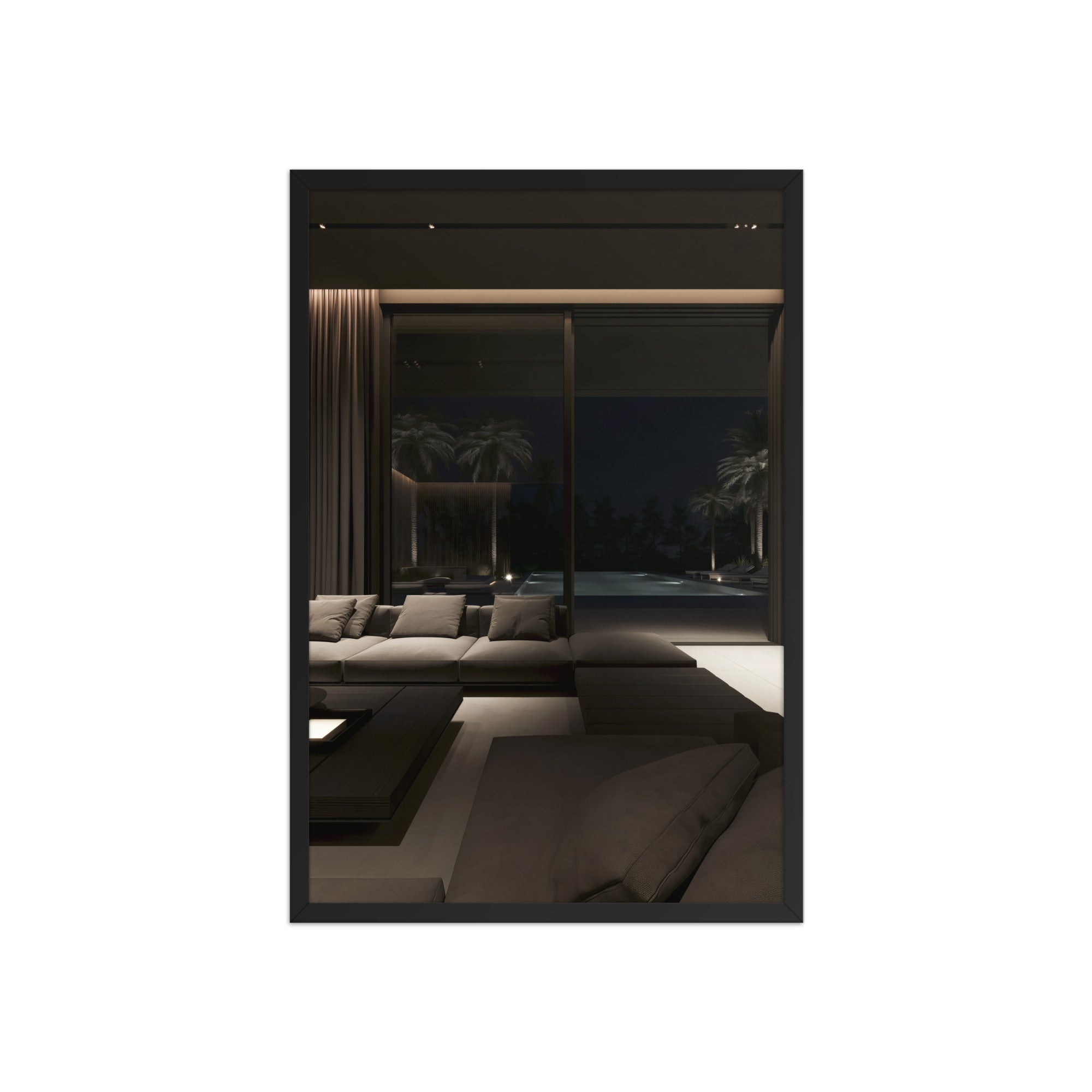 No. 00002 – Midnight Palm Residence – framed print mockup in a calm modern interior.