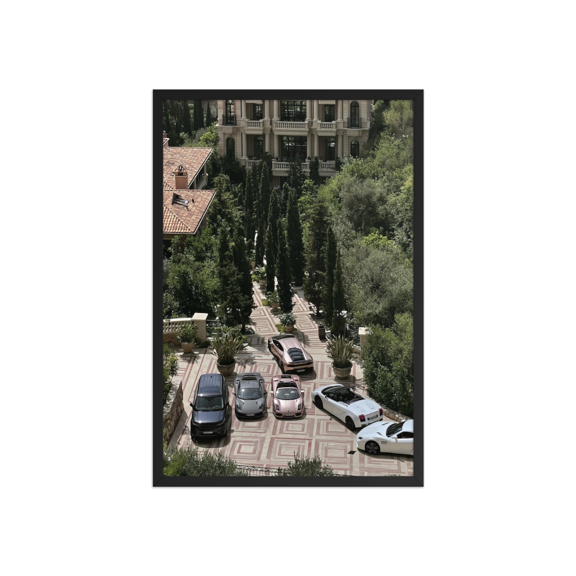 No. 00008 – The Riviera Driveway – framed print mockup in a calm modern interior.
