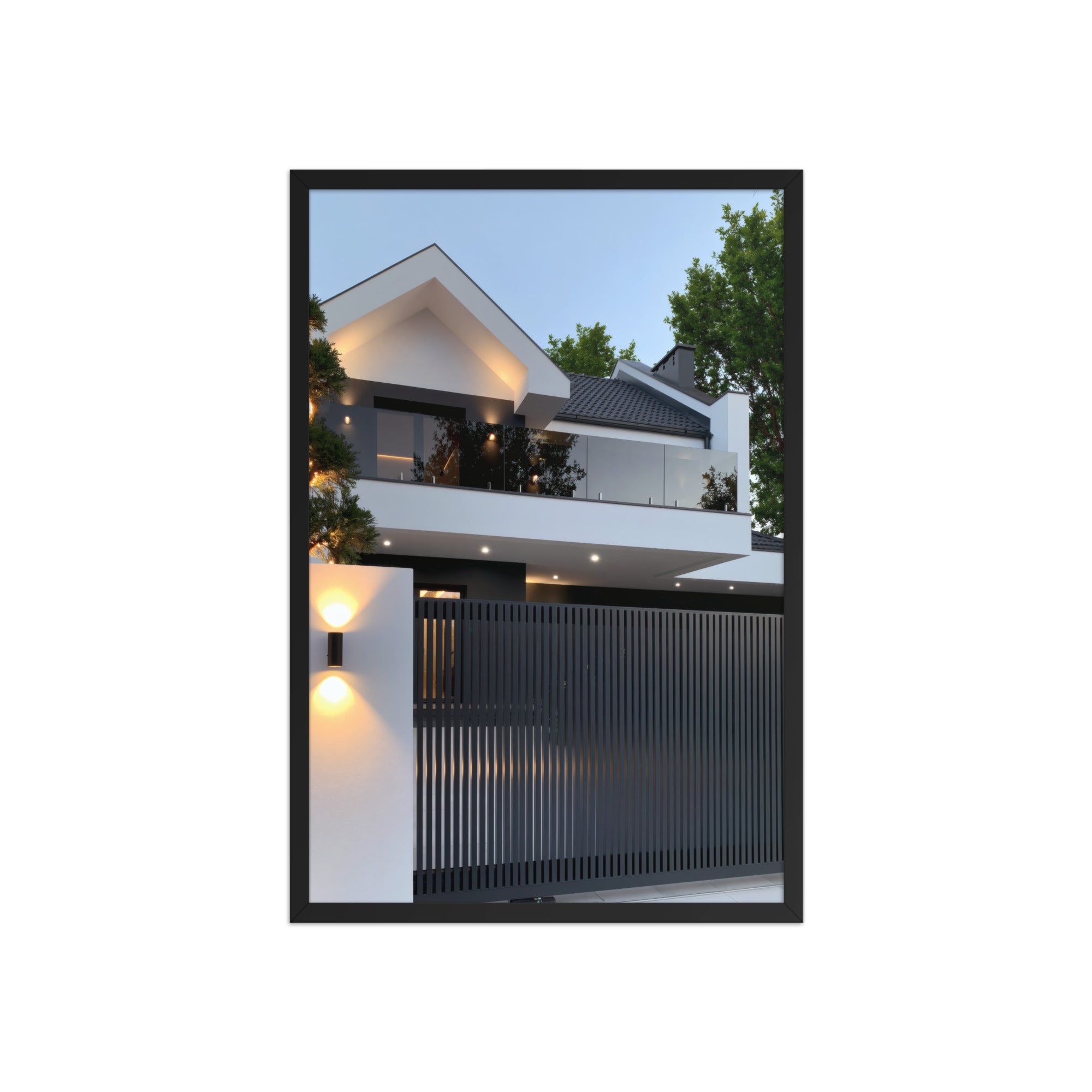 No. 00011 – The Slatted Gate Residence – framed print mockup in a calm modern interior.