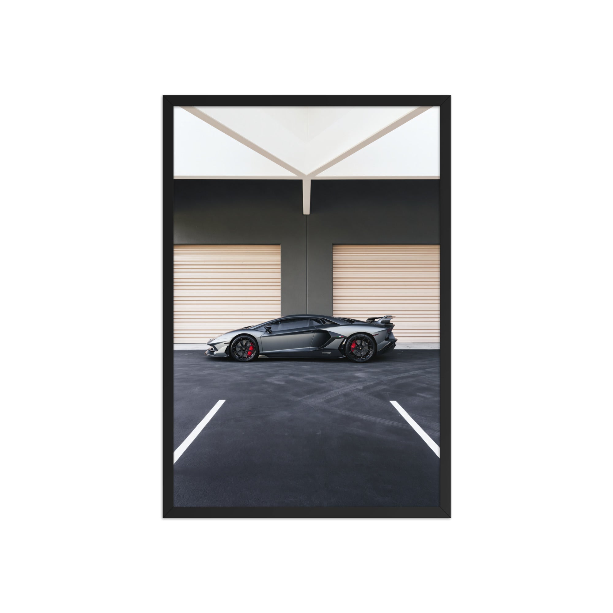 No. 00015 – The Grey Hangar – framed print mockup in a calm modern interior.