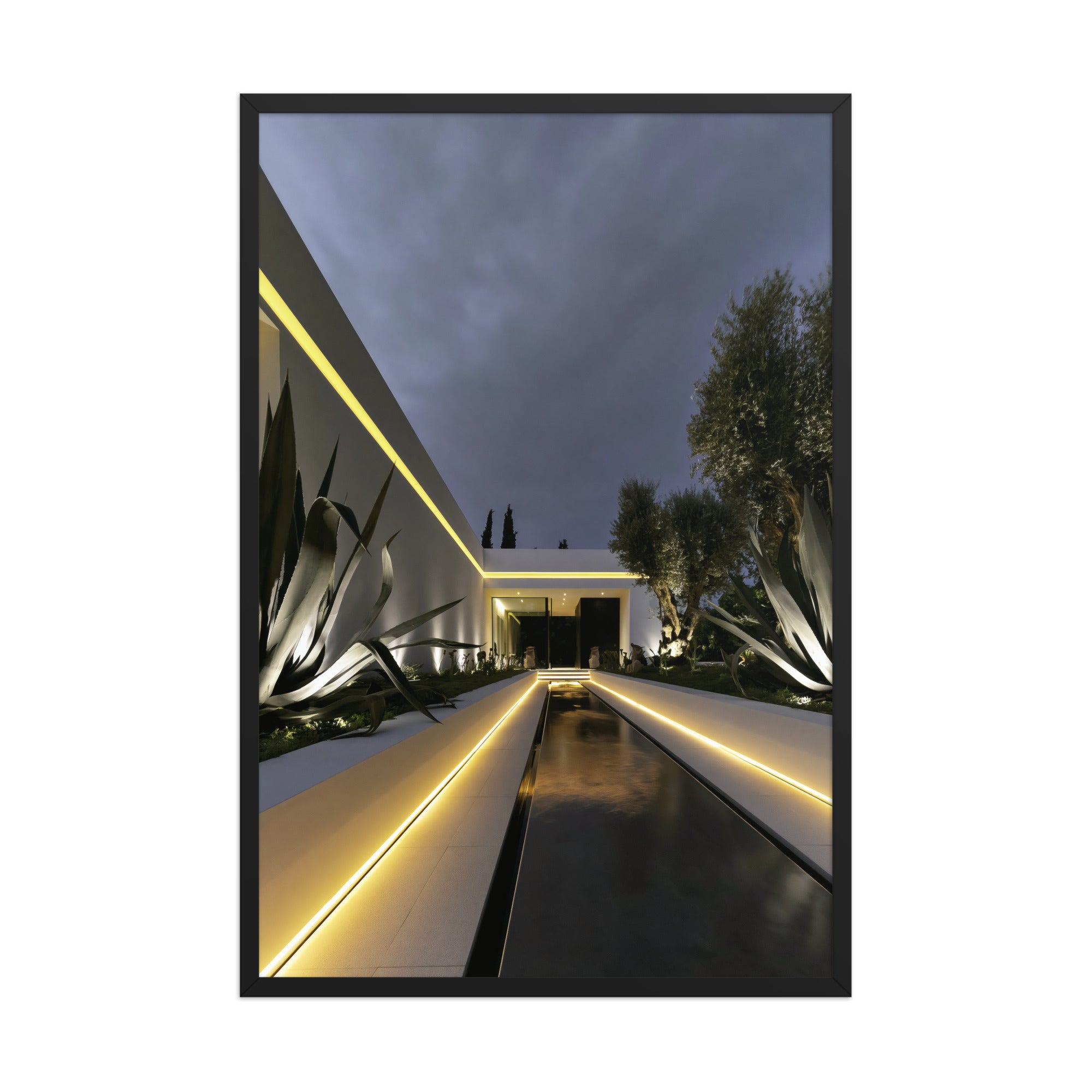 No. 00001 – Blue Hour Villa – framed print mockup in a calm modern interior.