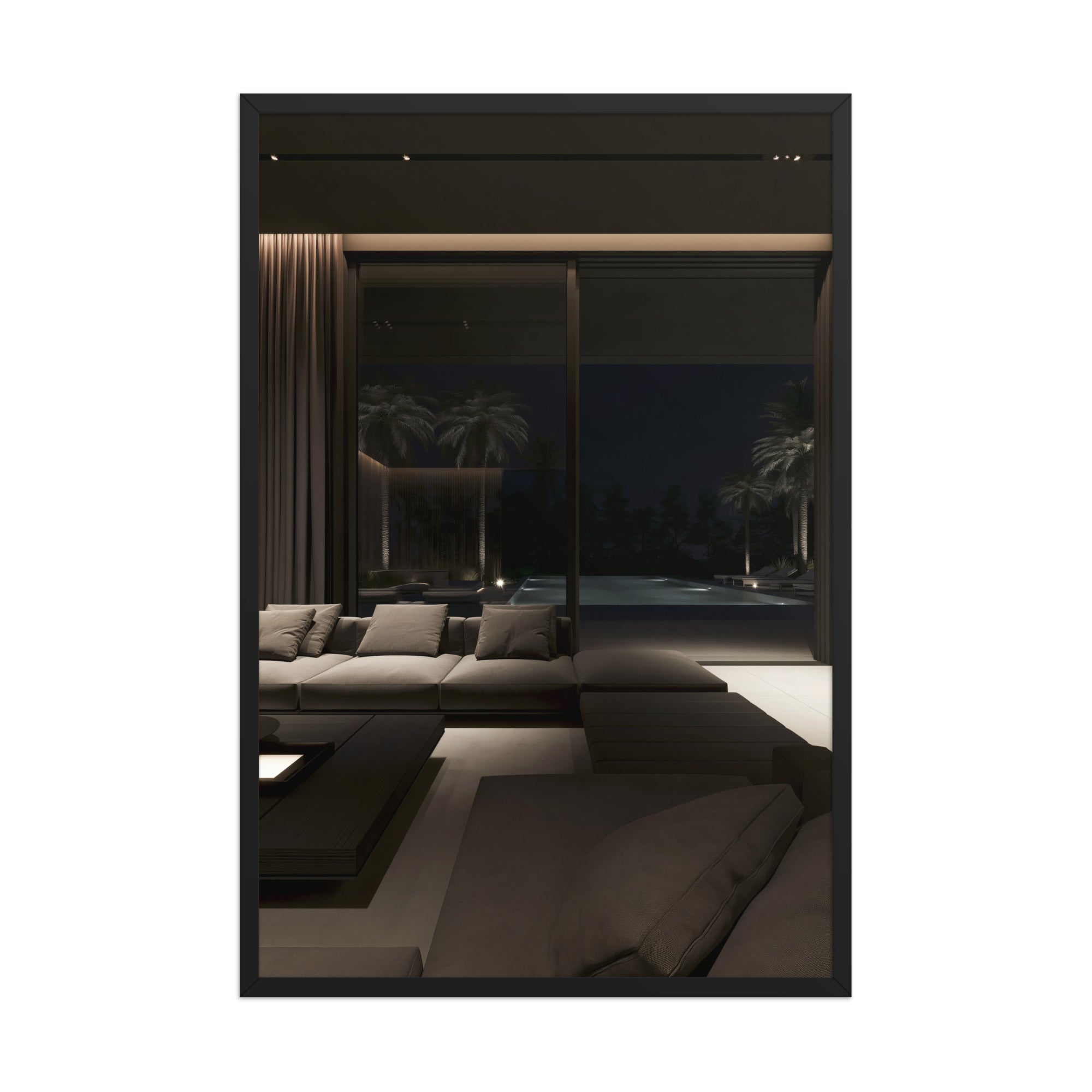 No. 00002 – Midnight Palm Residence – framed print mockup in a calm modern interior.