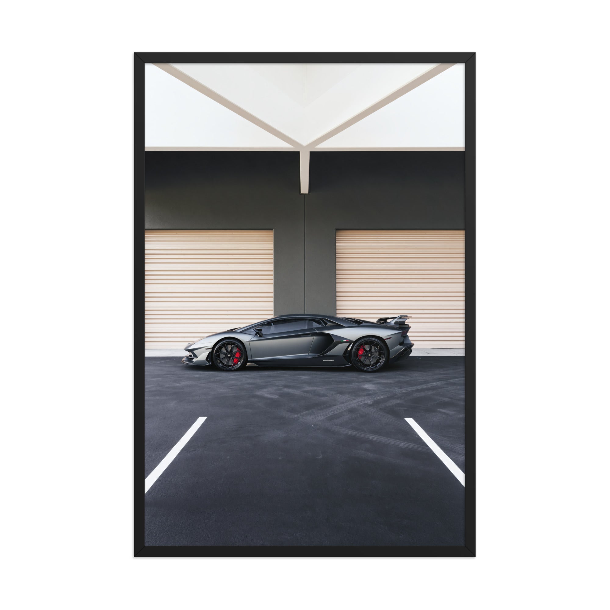 No. 00015 – The Grey Hangar – framed print mockup in a calm modern interior.