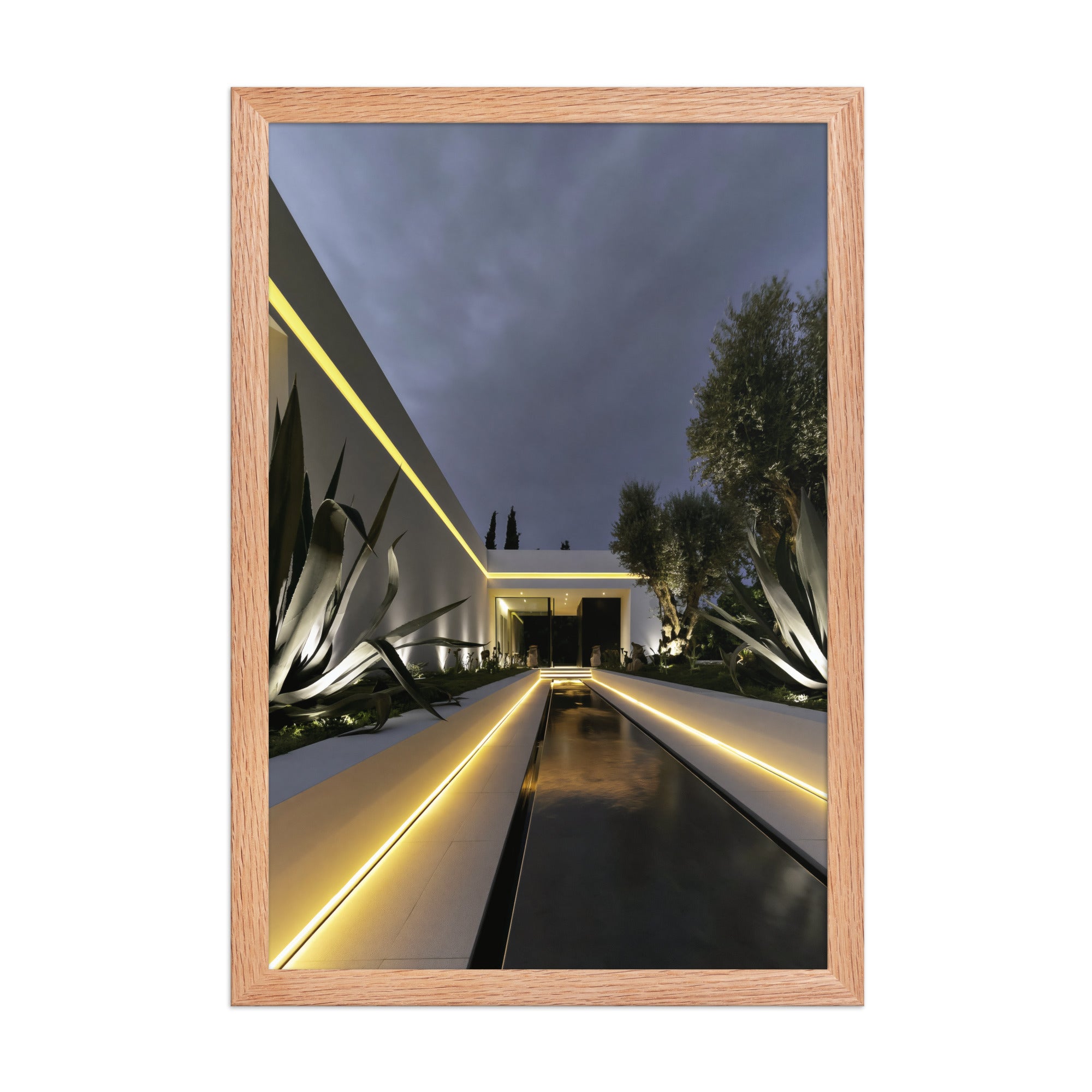 No. 00001 – Blue Hour Villa – framed print mockup in a calm modern interior.