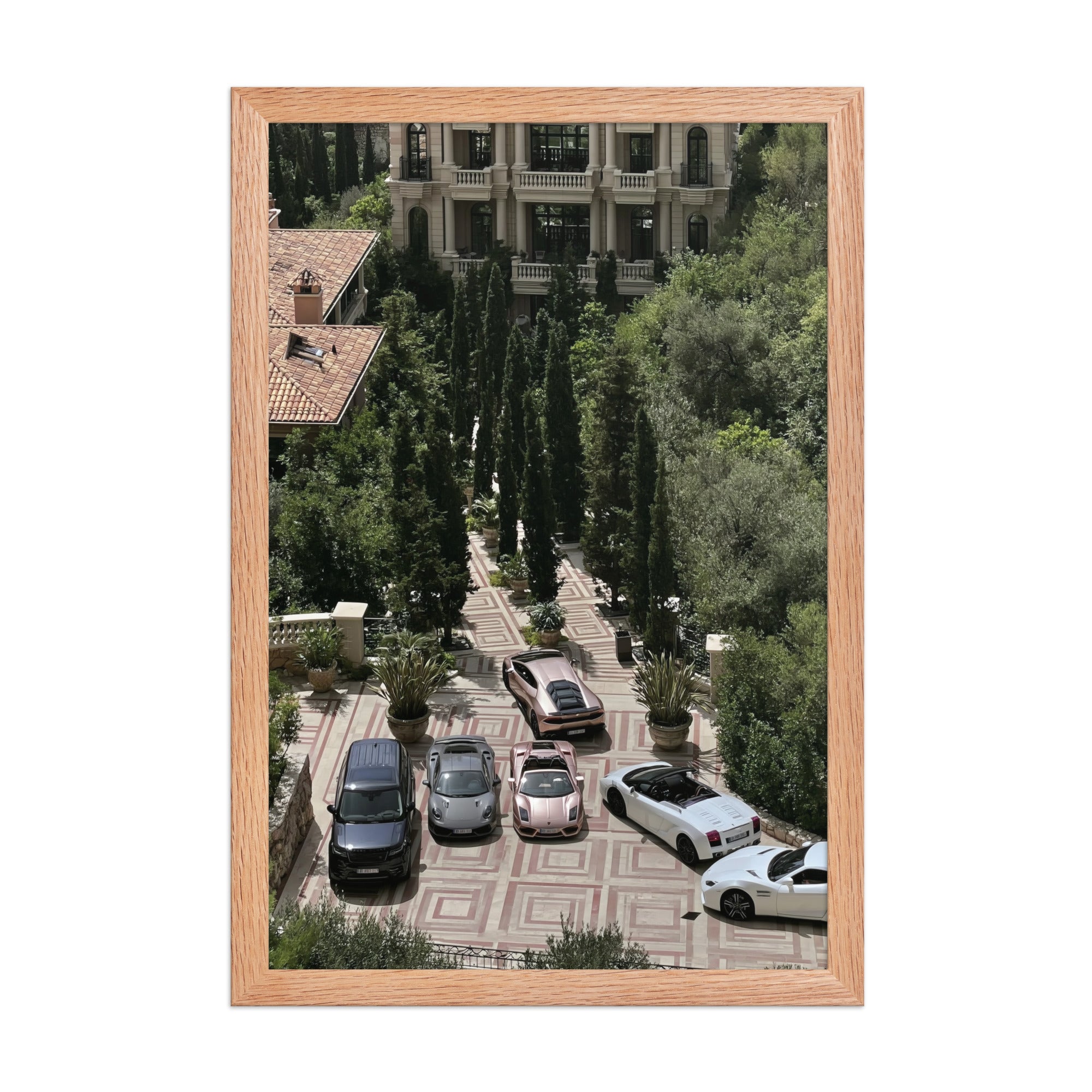 No. 00008 – The Riviera Driveway – framed print mockup in a calm modern interior.