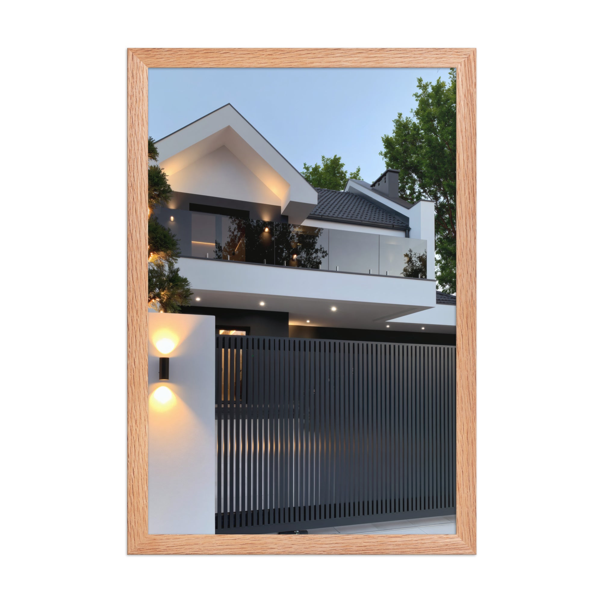 No. 00011 – The Slatted Gate Residence – framed print mockup in a calm modern interior.