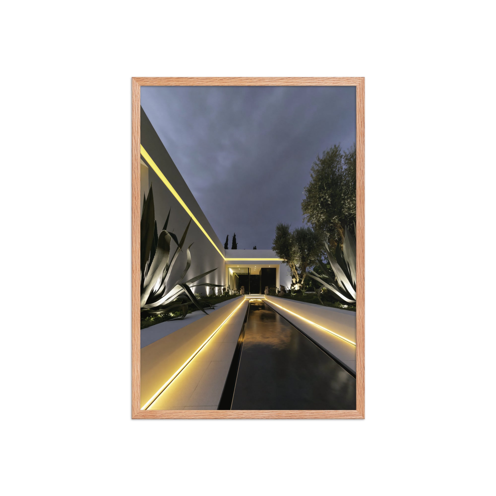 No. 00001 – Blue Hour Villa – framed print mockup in a calm modern interior.