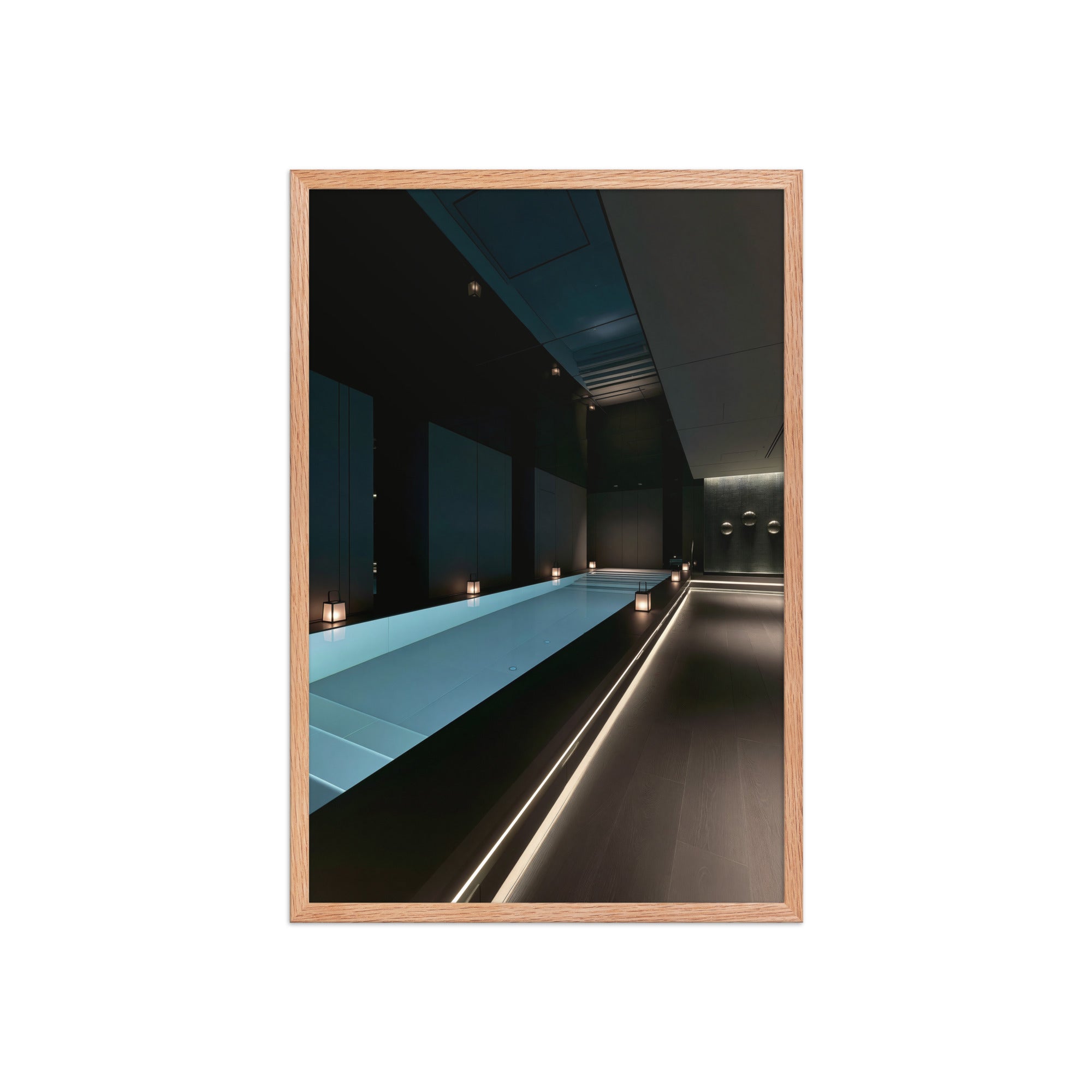 No. 00004 – The Obsidian Lap Pool – framed print mockup in a calm modern interior.