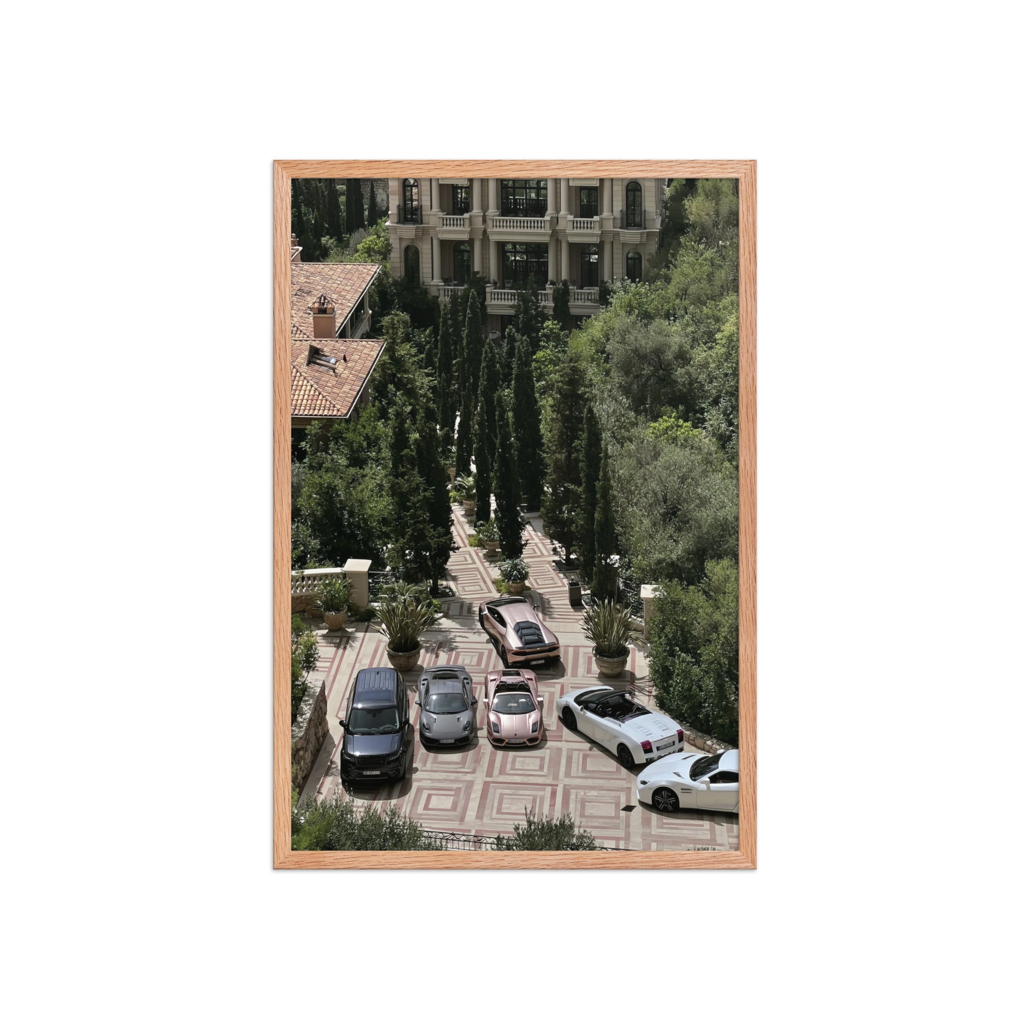 No. 00008 – The Riviera Driveway – framed print mockup in a calm modern interior.