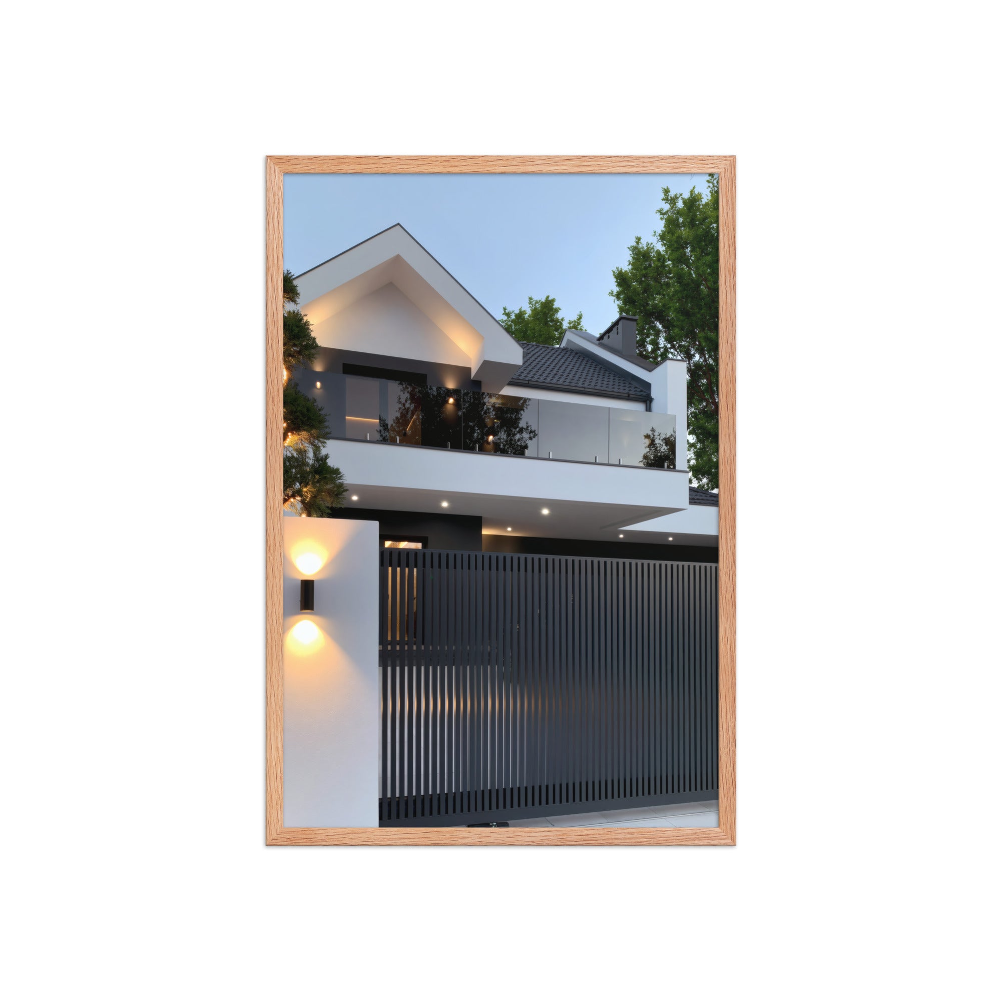 No. 00011 – The Slatted Gate Residence – framed print mockup in a calm modern interior.