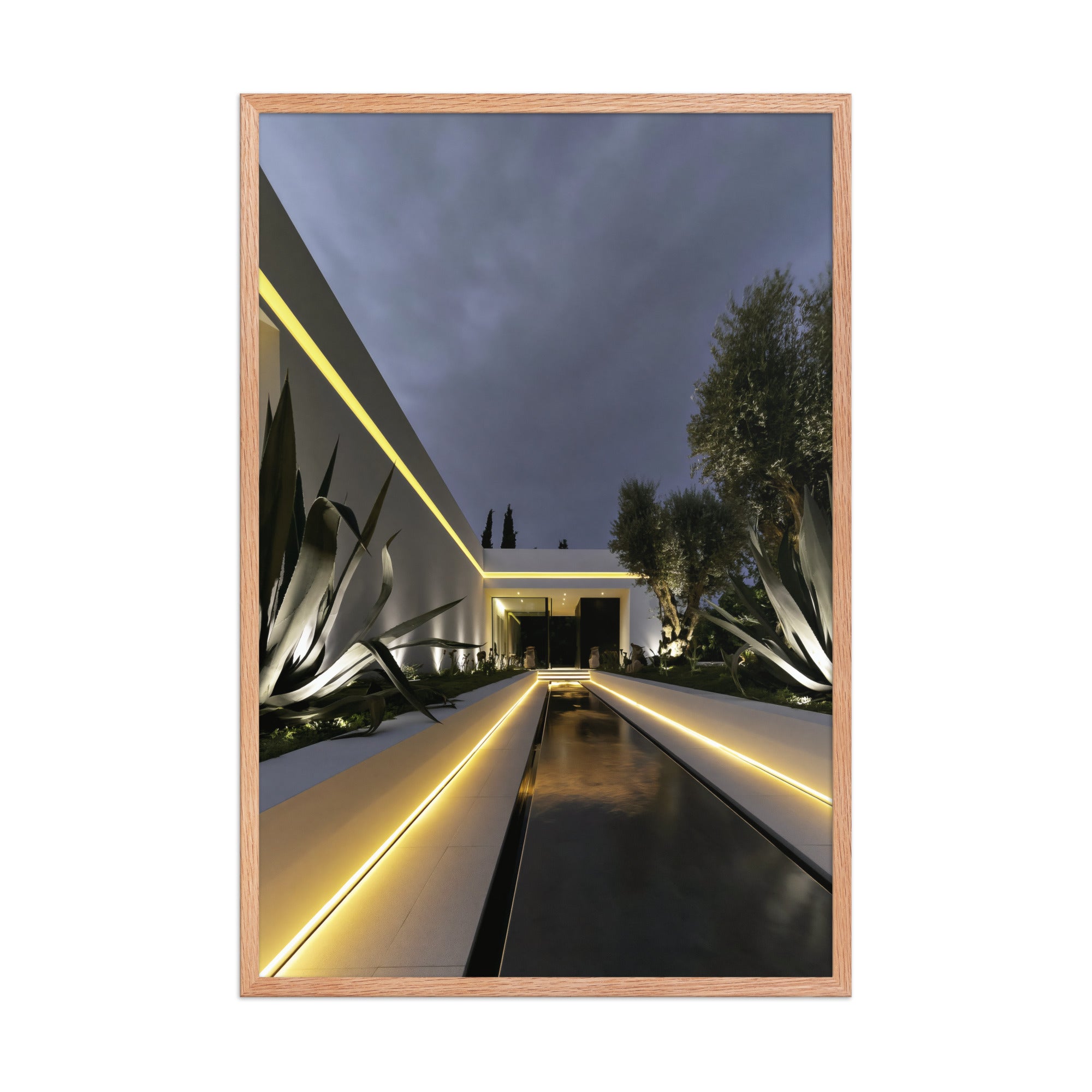 No. 00001 – Blue Hour Villa – framed print mockup in a calm modern interior.