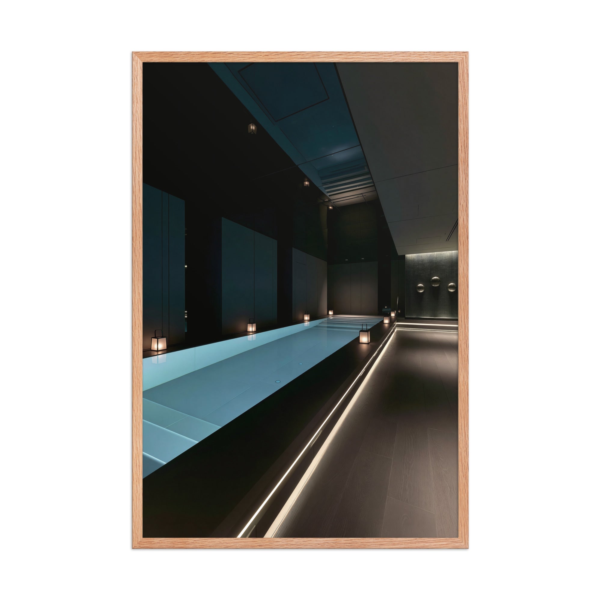 No. 00004 – The Obsidian Lap Pool – framed print mockup in a calm modern interior.